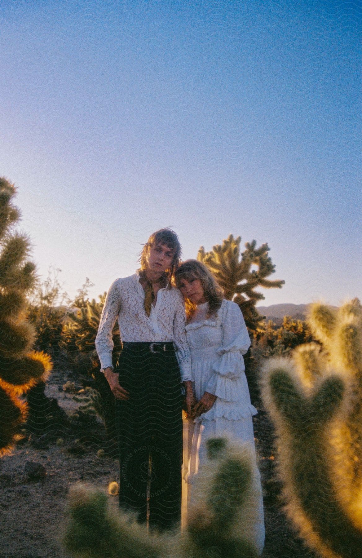 A man and woman are standing together in the desert surrounded by cactus with mountains in the distance