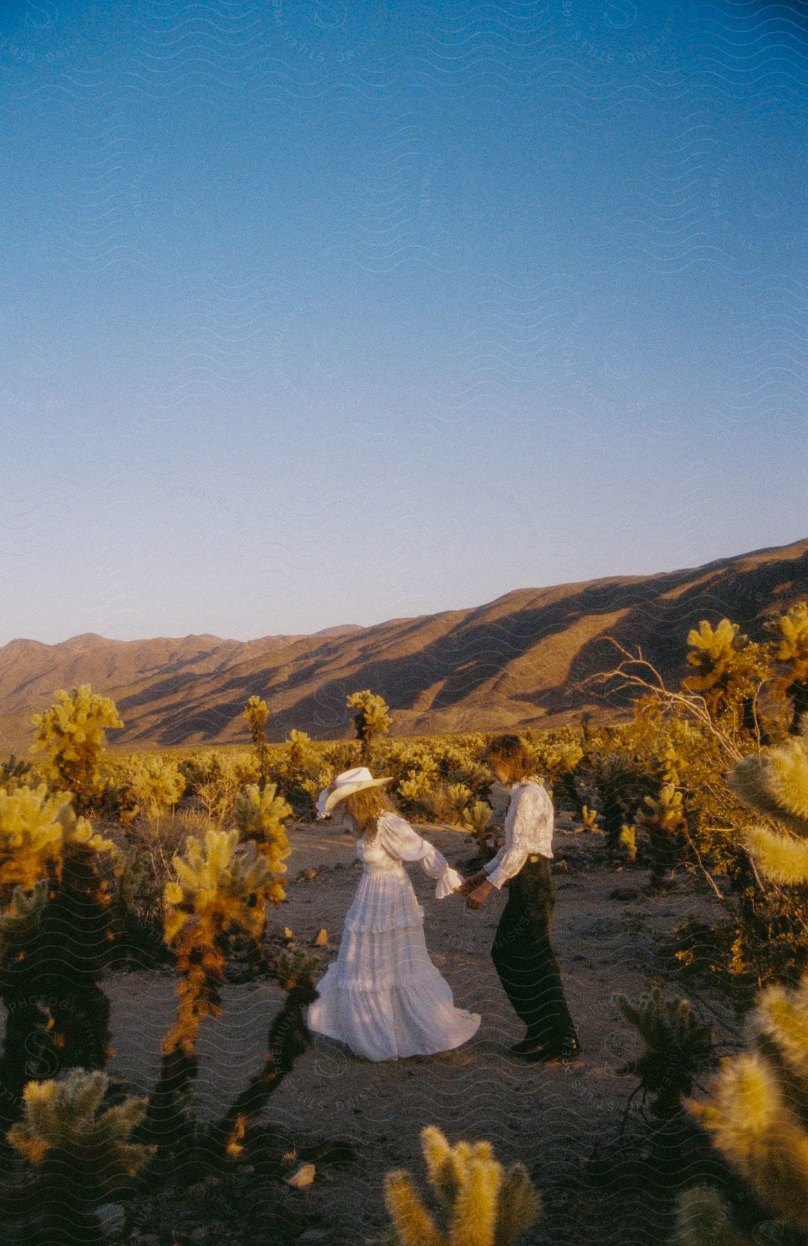 man and woman hold hands standing in an outdoor garden at sunset
