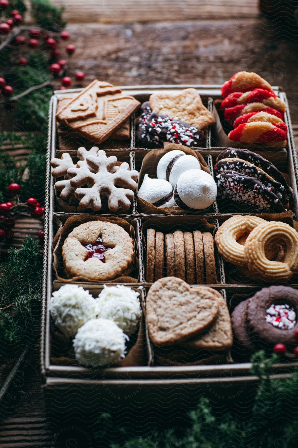 a cardboard box filled with a variety of Christmas cookies