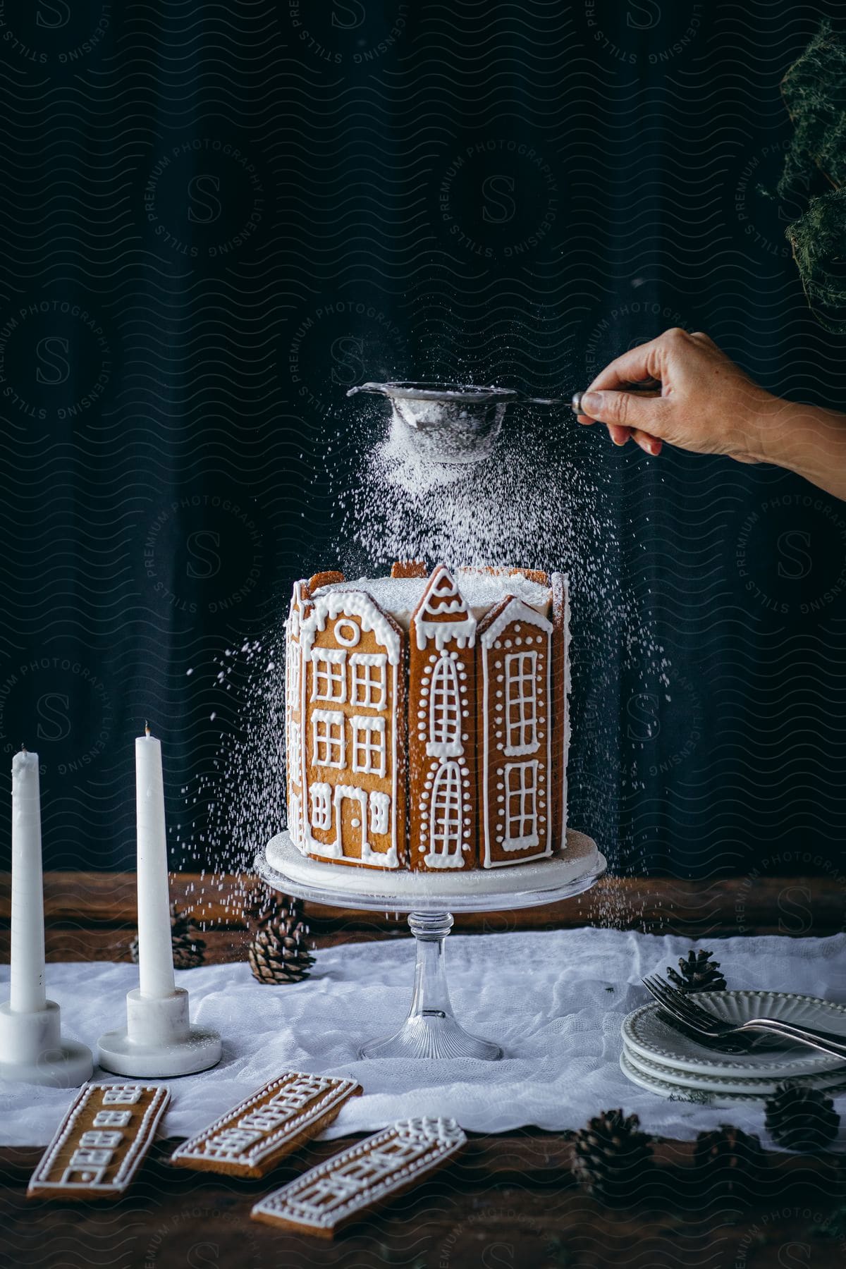 Woman sprinkling sugar on a Gingerbread Village Cake.