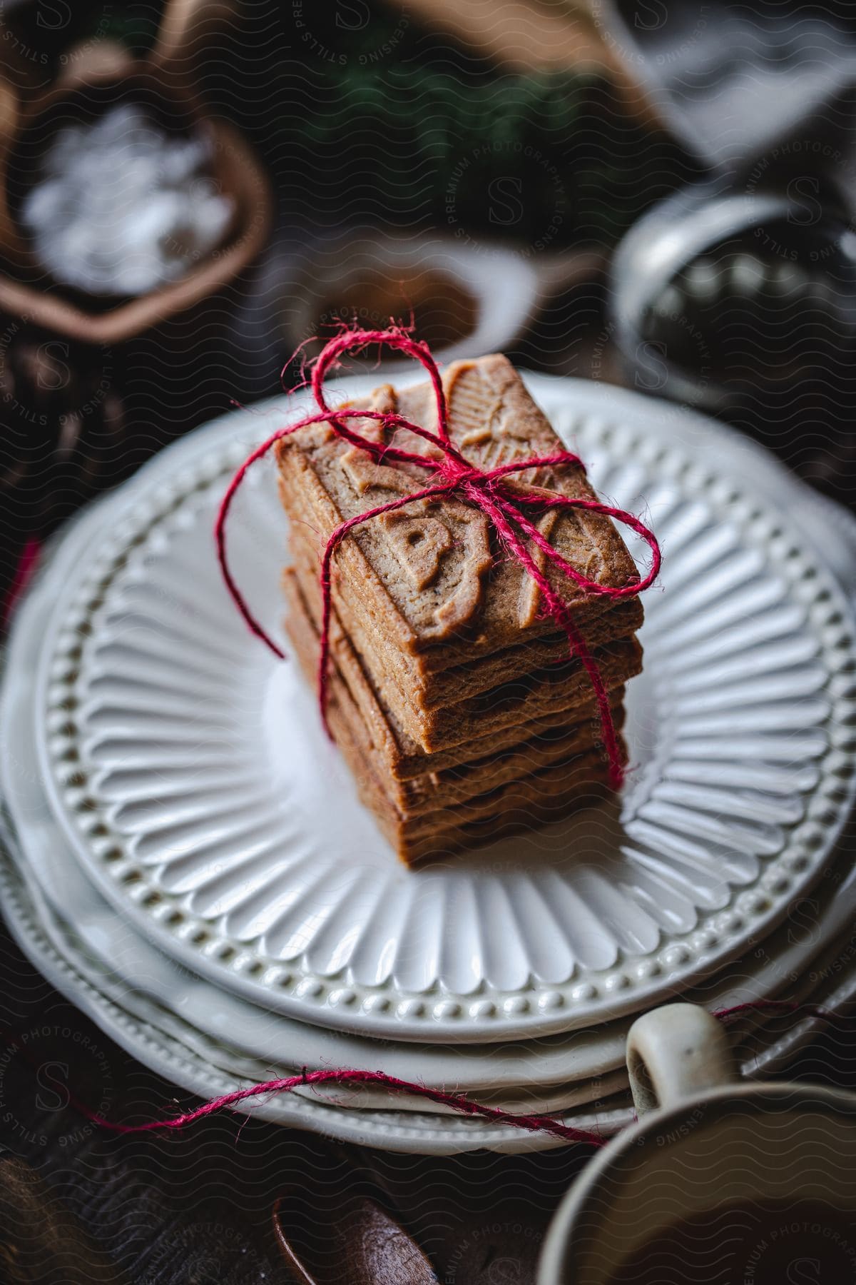 A stack of cookies tied together with a red string sit on plate on table.