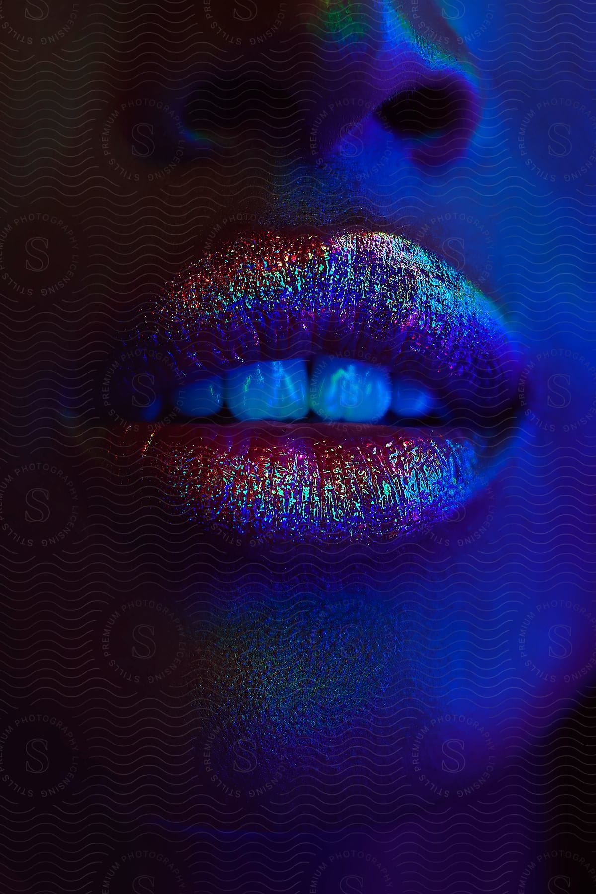 Stock photo of a woman's lips are shimmering in the reflection of the light.