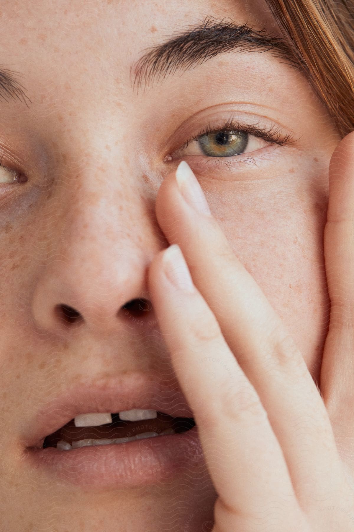 The face of a woman with her hand on her face and has green eyes.