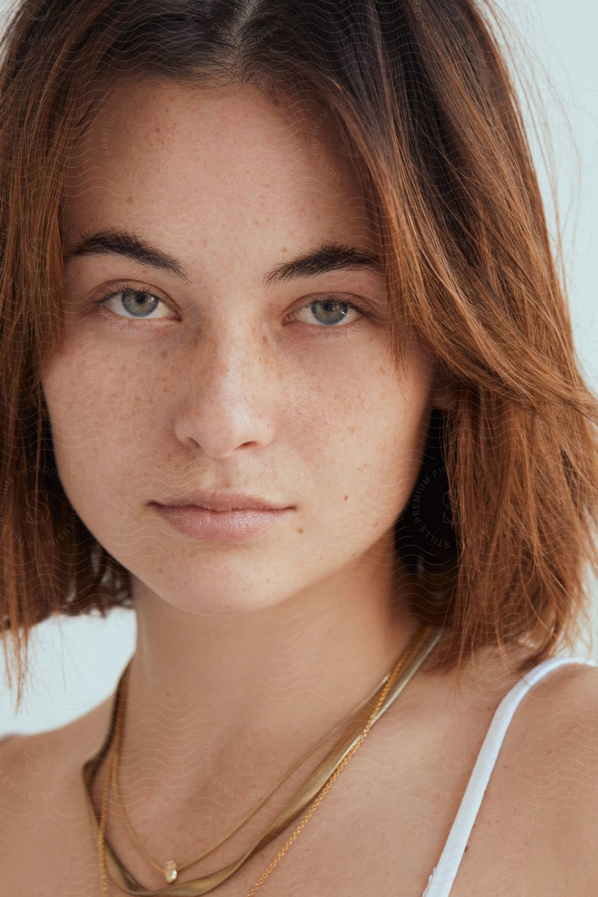 Portrait of a young woman with freckles and light-colored eyes.