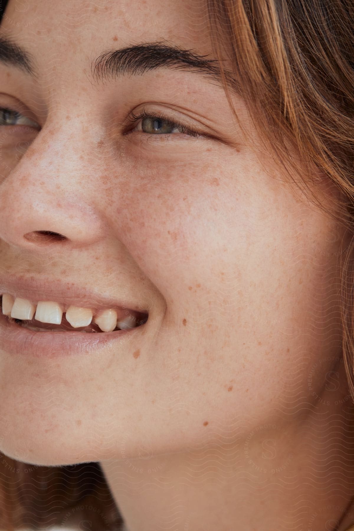 Portrait of a young woman with light-colored eyes, freckles on her face, and a smiling expression.