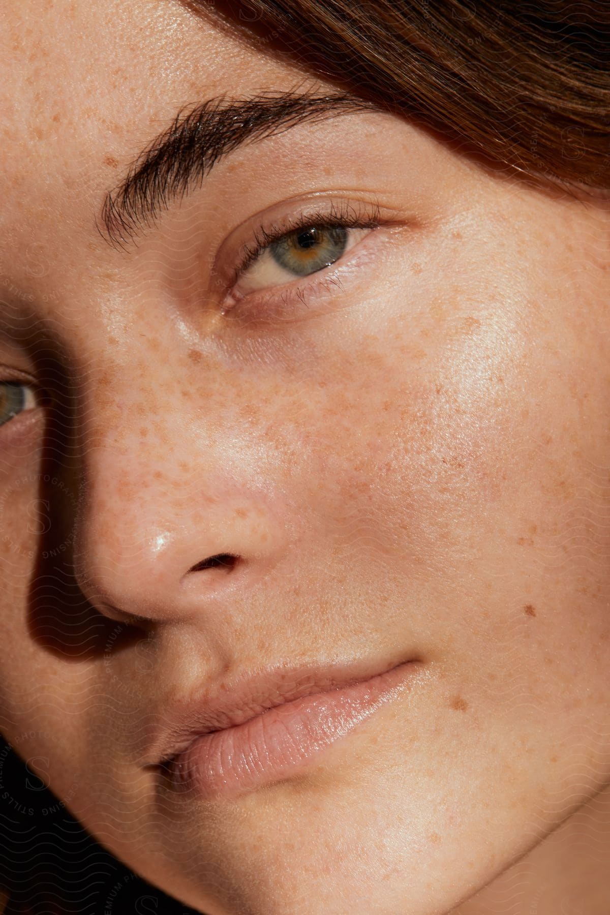 Close up of woman’s face with brown hair