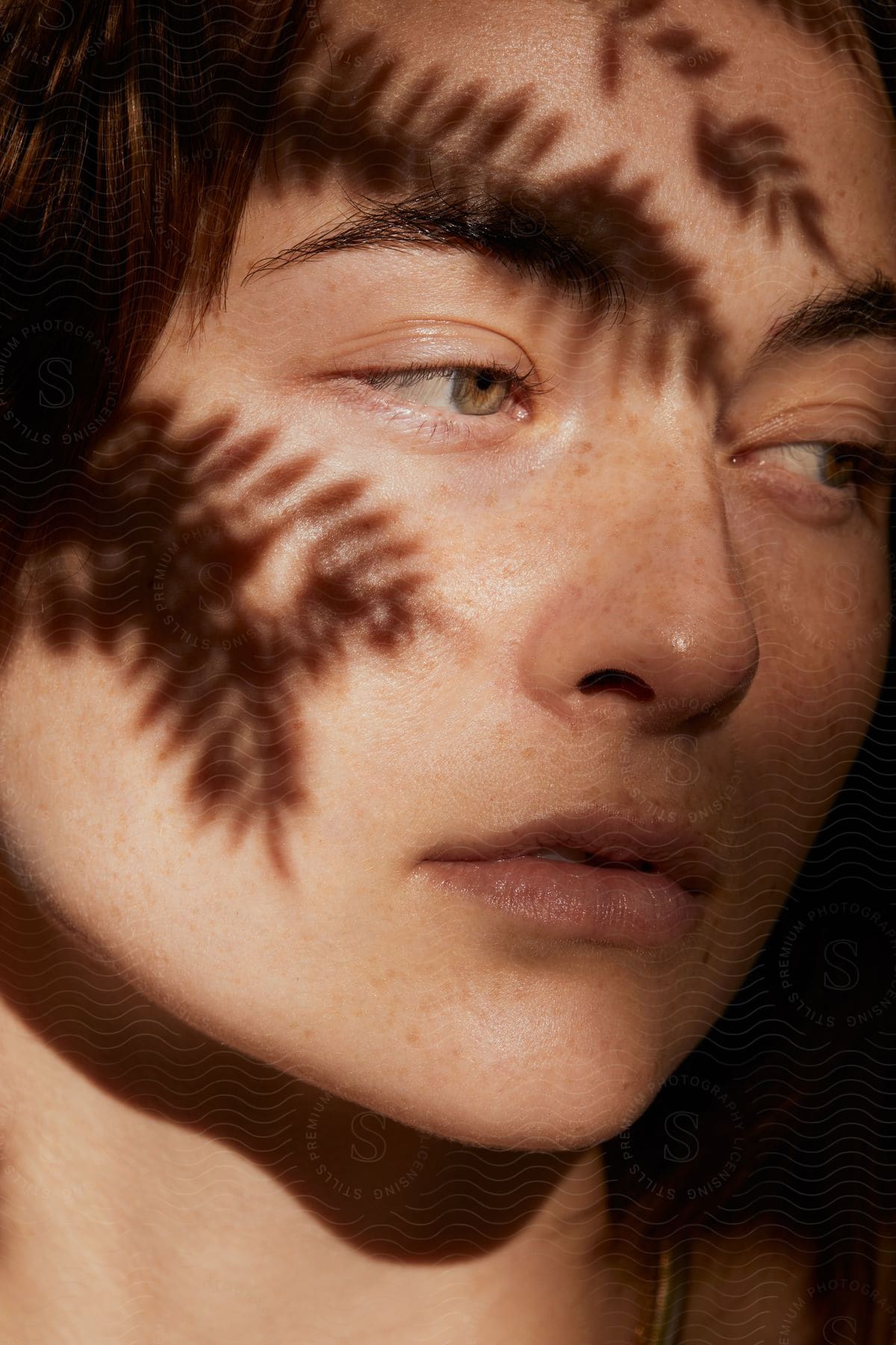 Portrait of a young woman with leafy shadows on her face.