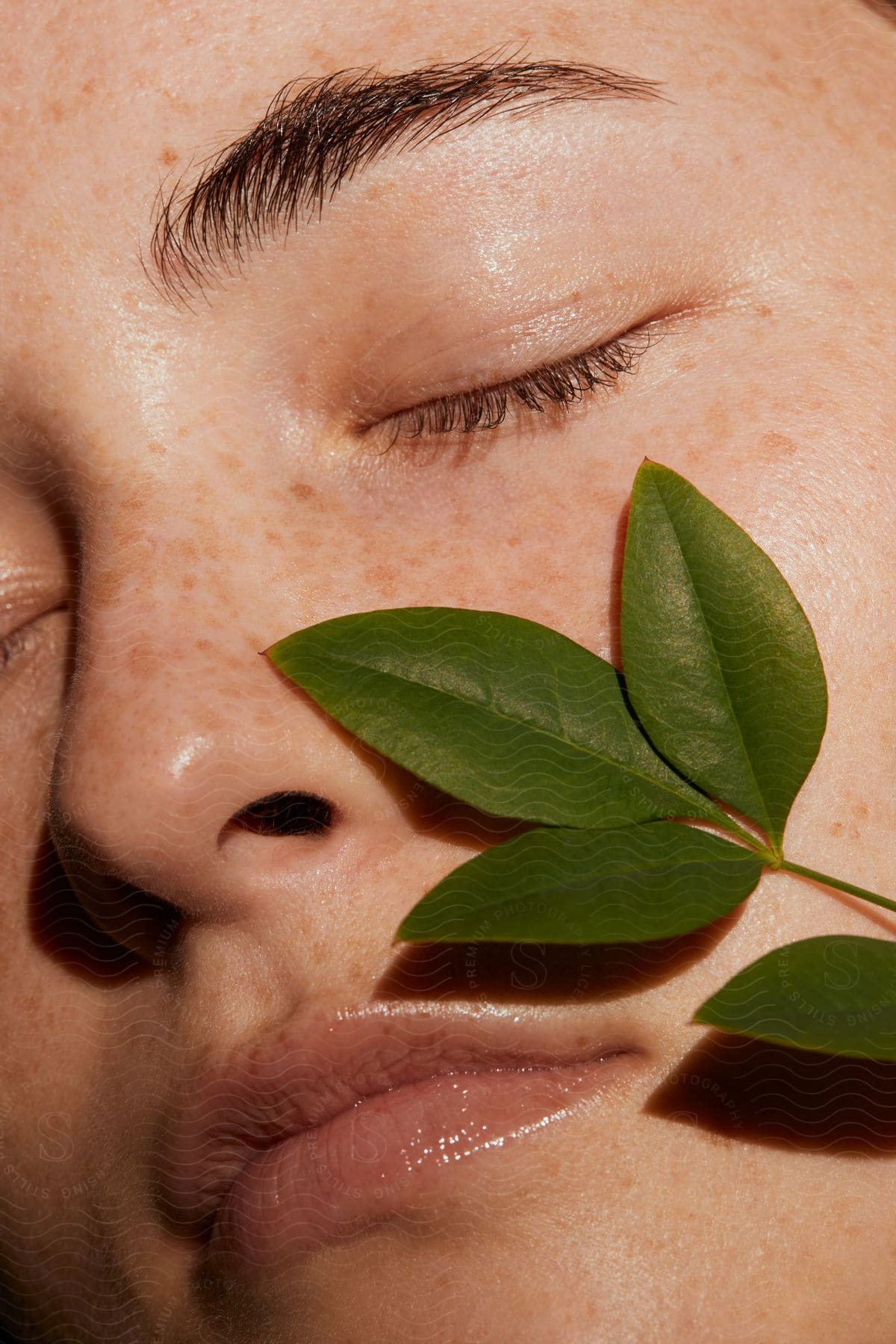 Close-up of a woman's face with a green plant pressed against her cheek