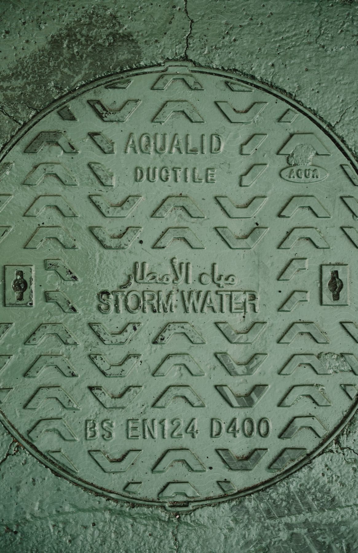 A green manhole cover with writing around its circumference.