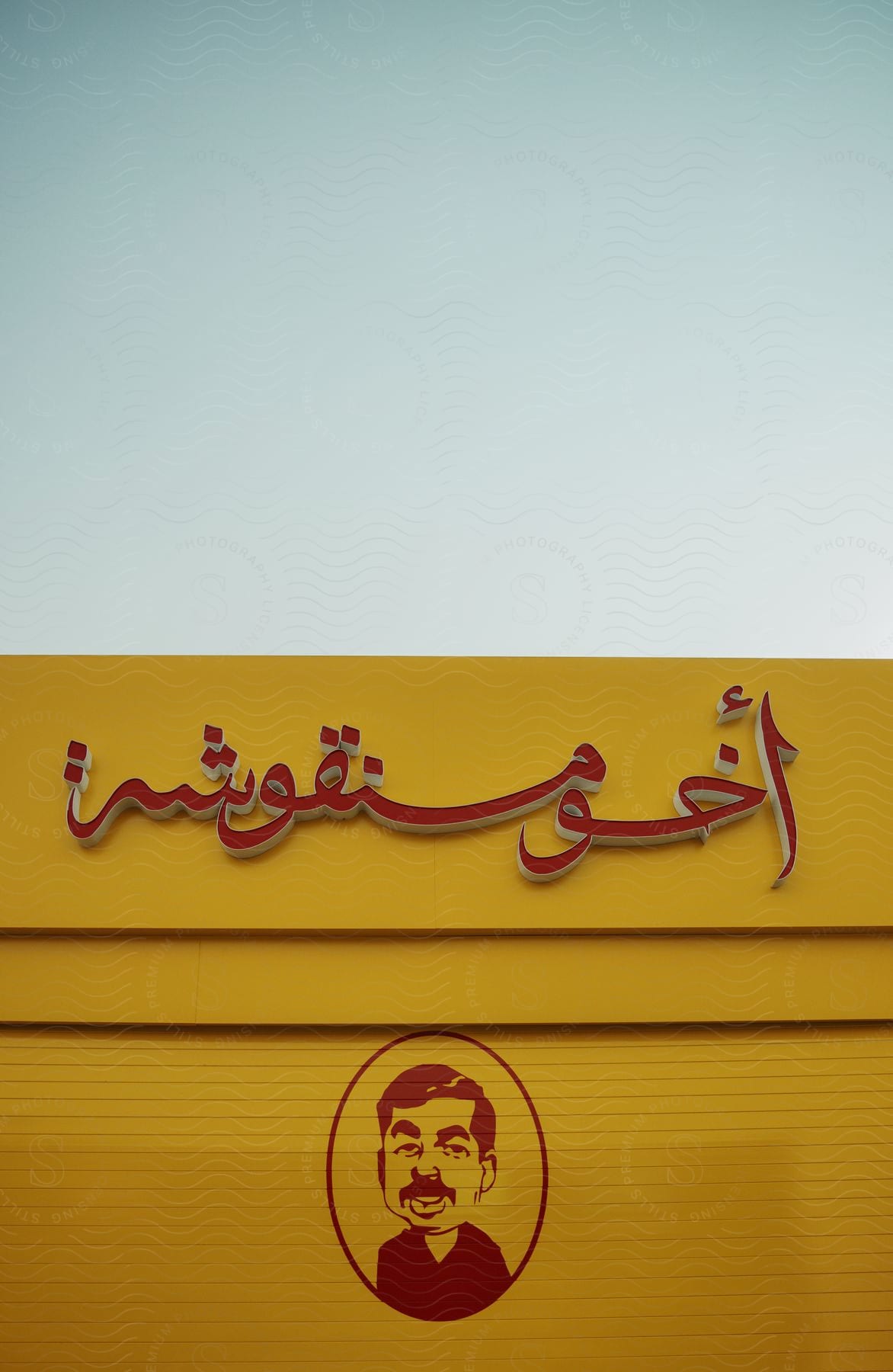 A sign featuring a man's smiling face adorns the front of a fast food restaurant