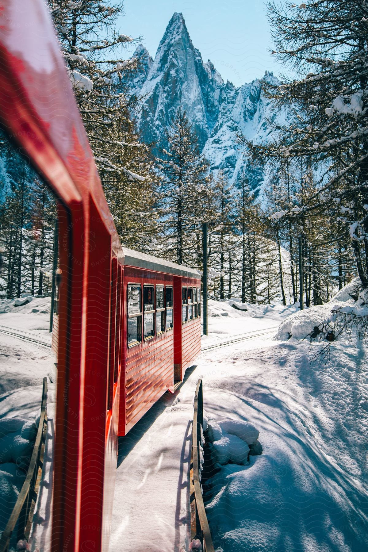 A red train driving through nature with snowy mountains and forest.