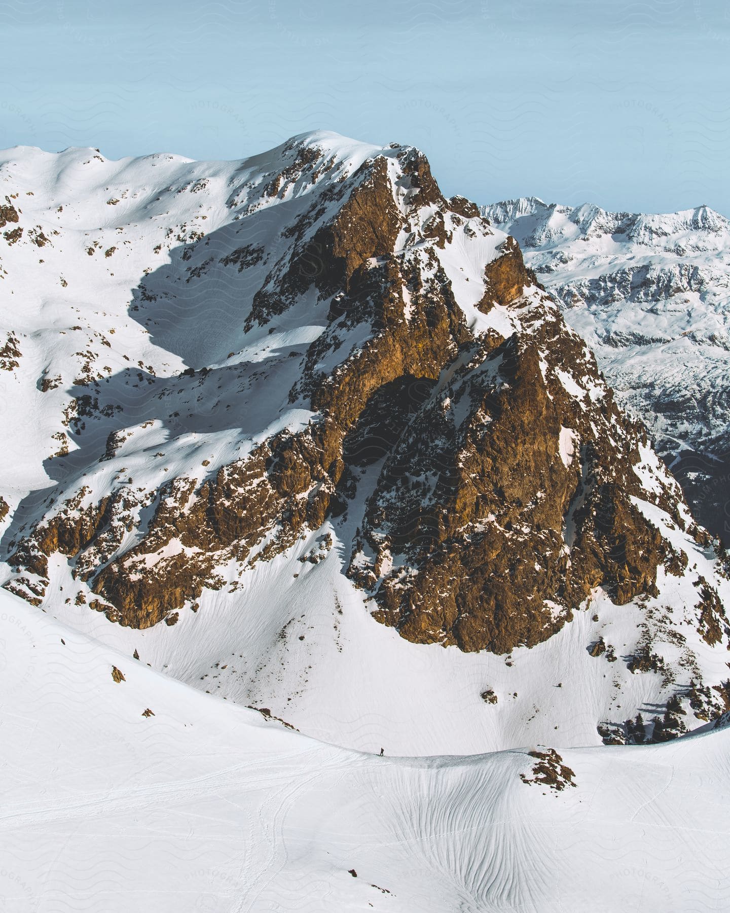 A snow covered mountain.