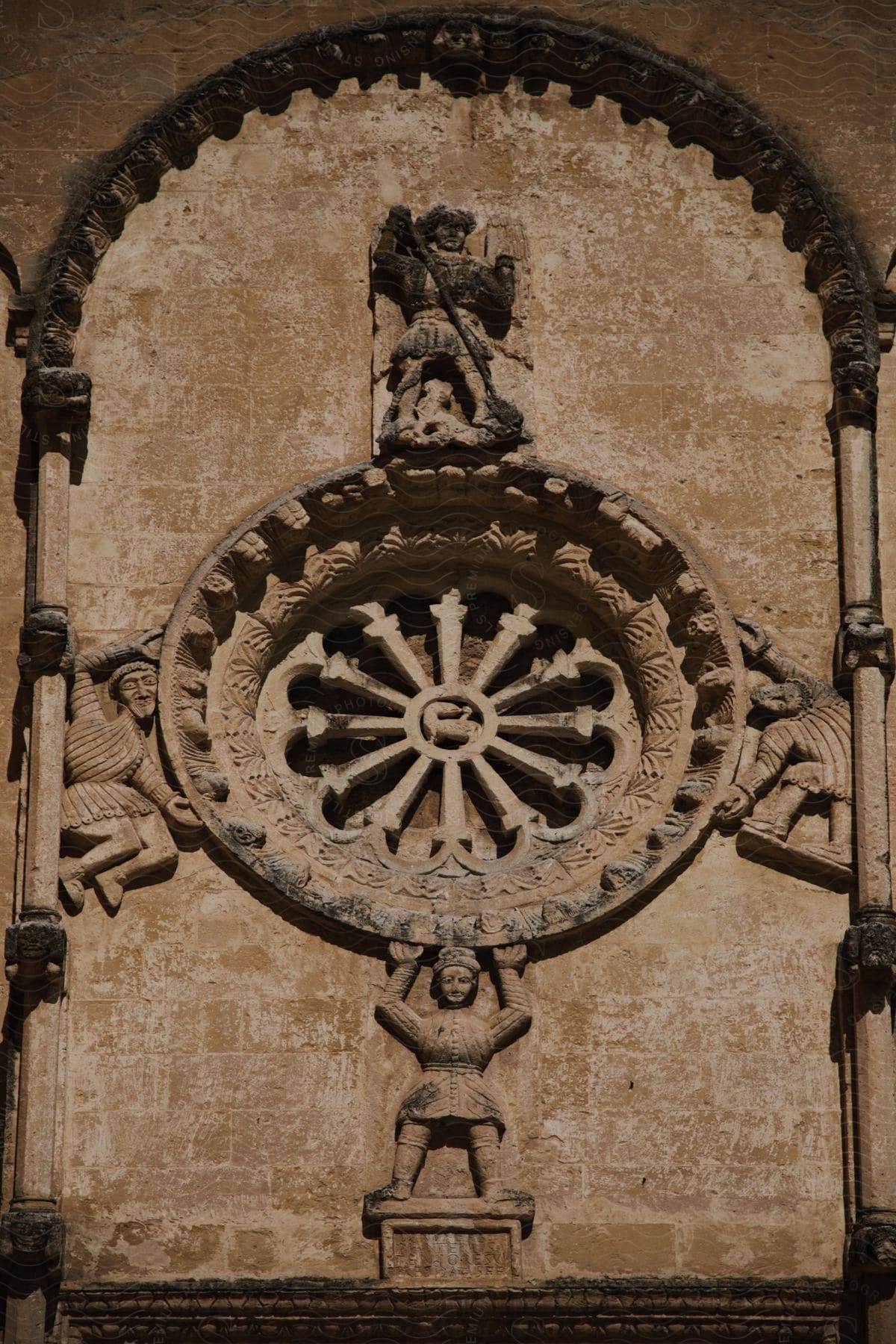 A Decoration Carved Into The Wall Of A Hole With Some Statues Around It