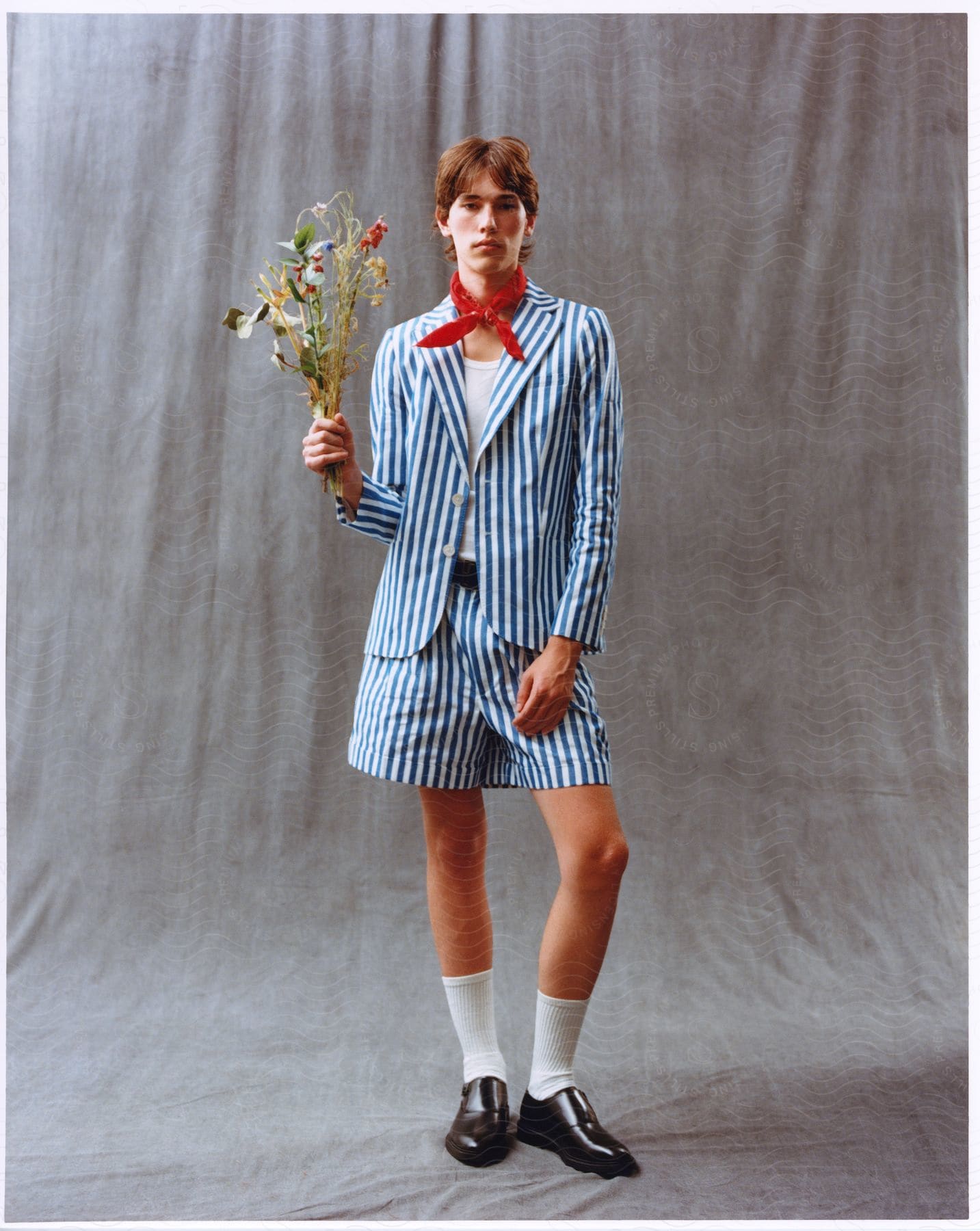 Young man modeling a quirky outfit while holding flowers