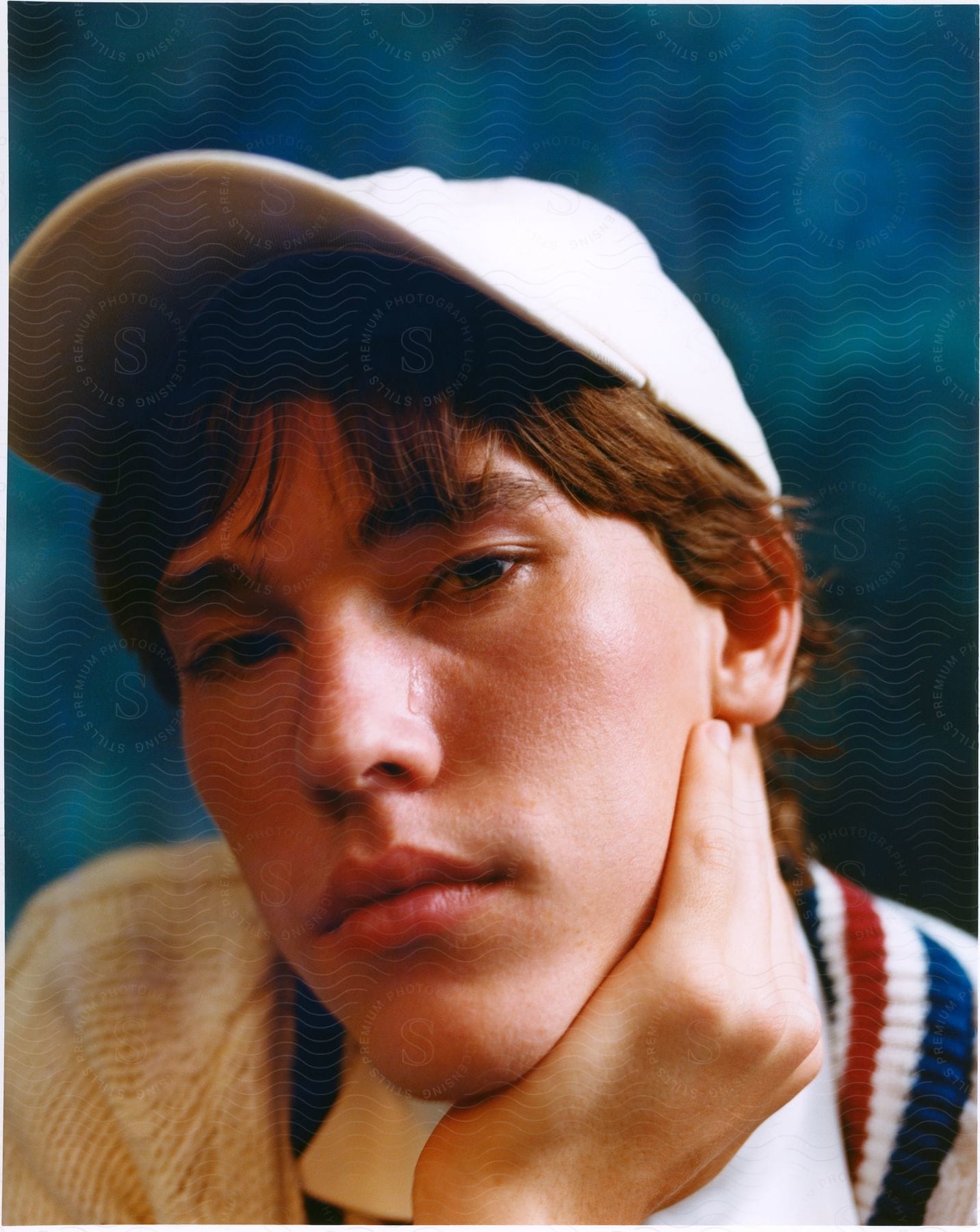 A teenage boy wearing a white baseball cap has his hand on his chin