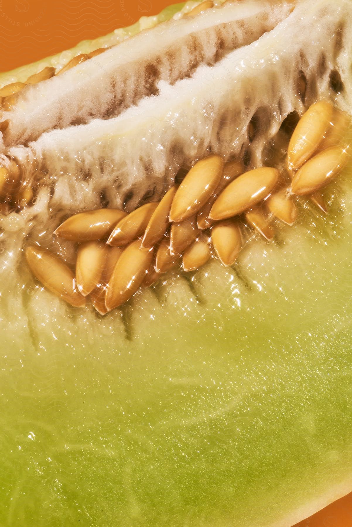 A slice of melon with its slimy seeds revealed against an orange background.