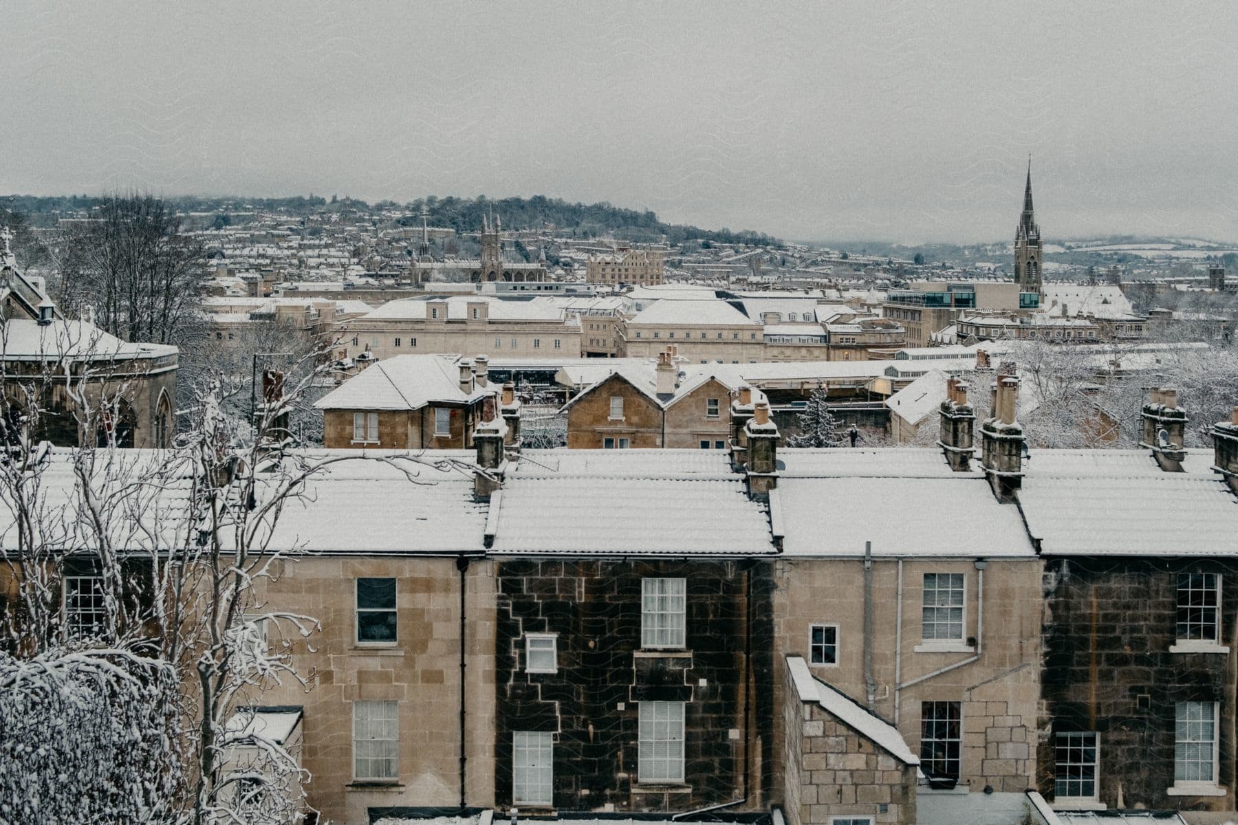 Panorama of a residential city covered in snow.