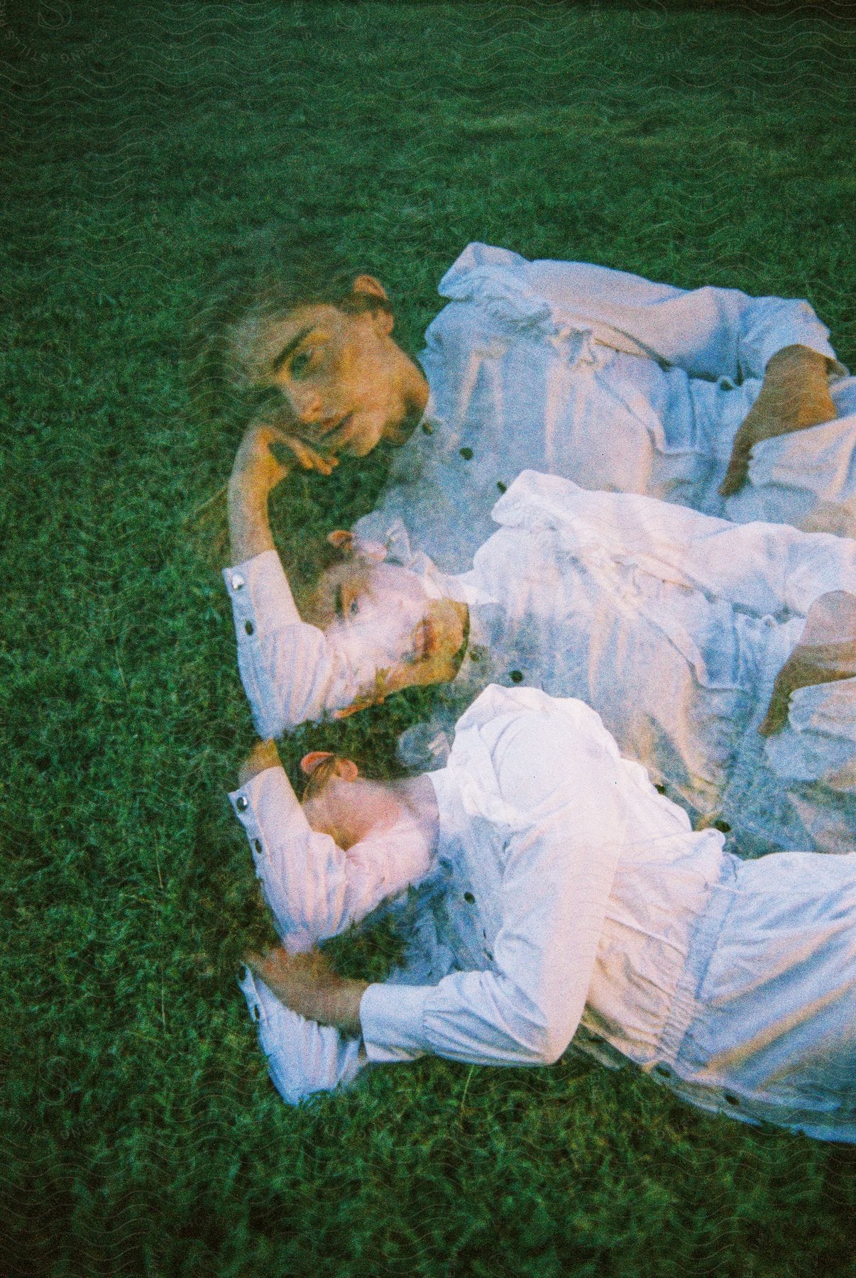 Woman models white blouse laying on grass