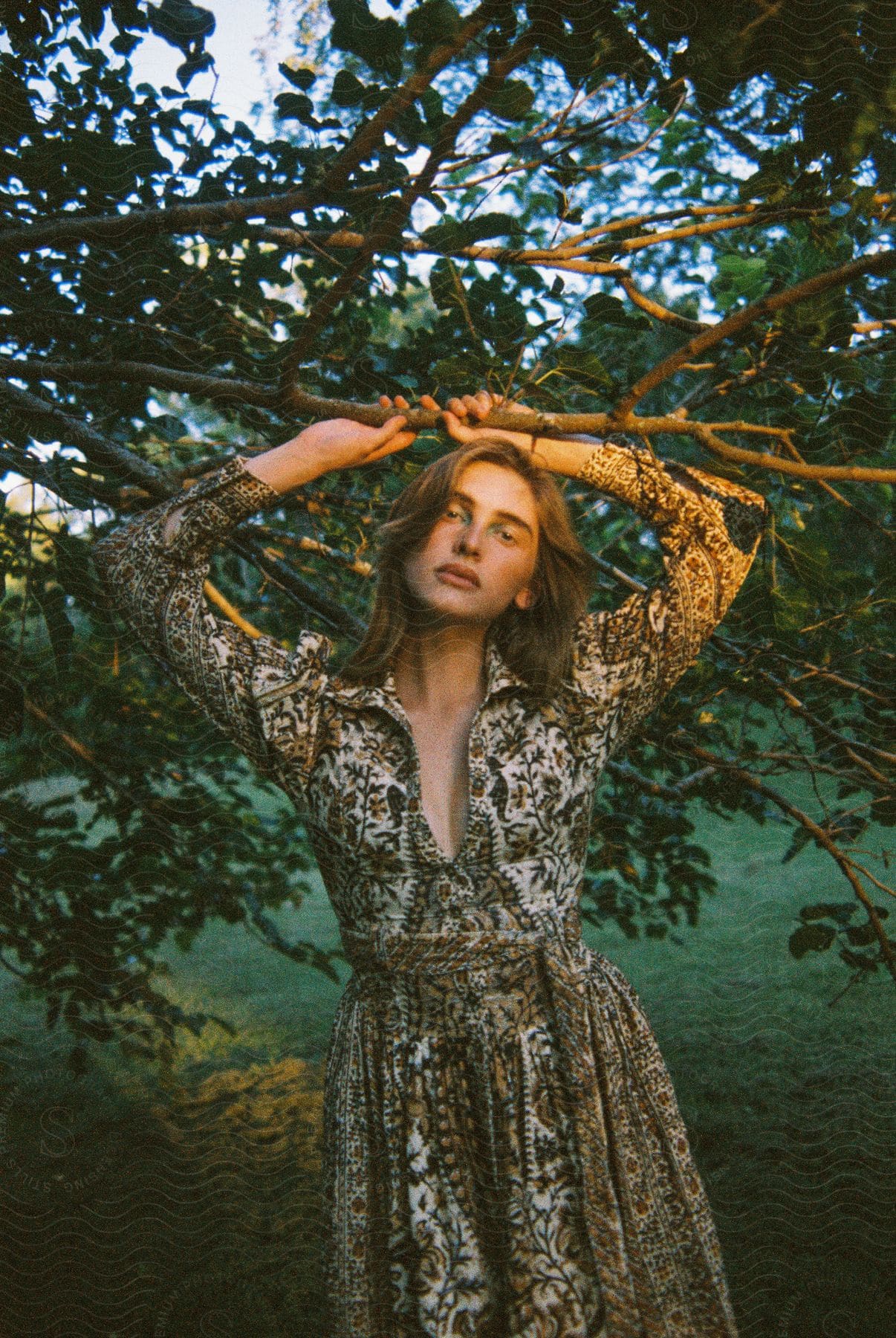 Woman holds on to tree branch while posing in fashionable dress.