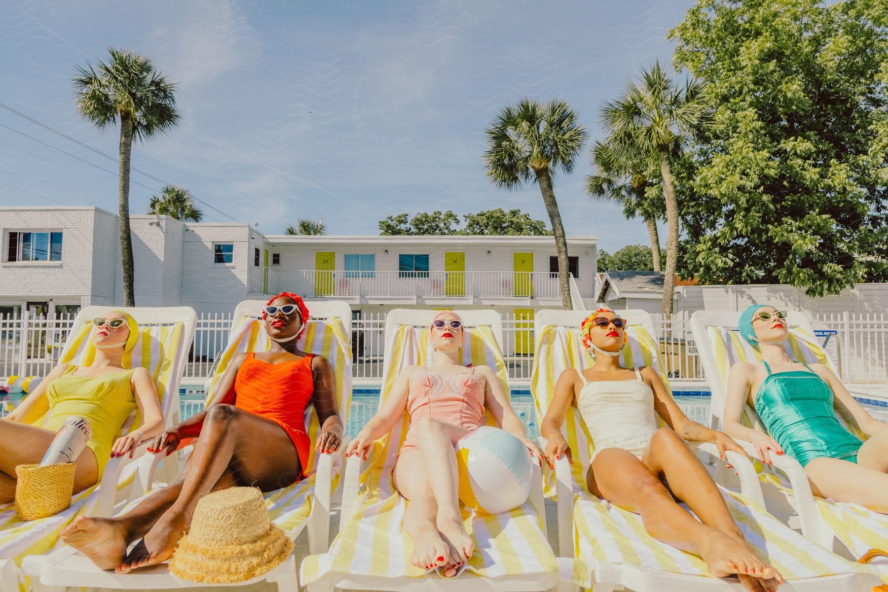 Five women are laying out on pool chairs wearing old fashioned bathing suits.