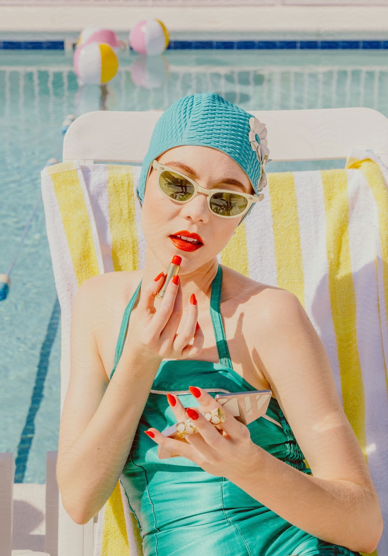 A young woman at the poolside applying red lipstick to her lips.