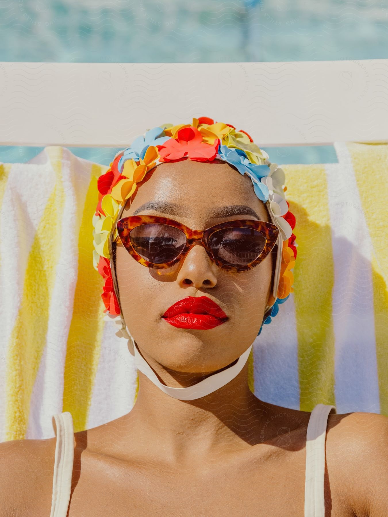 A woman wearing sunglasses and a hair cap is sunbathing.