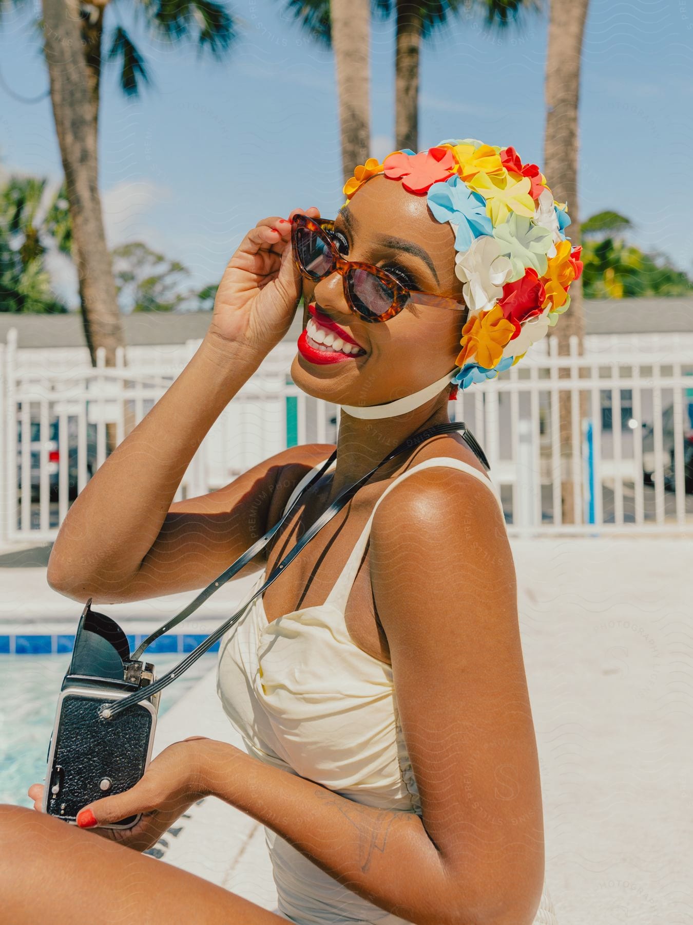 A woman in a bathing suit and cap holds a camera by a pool.