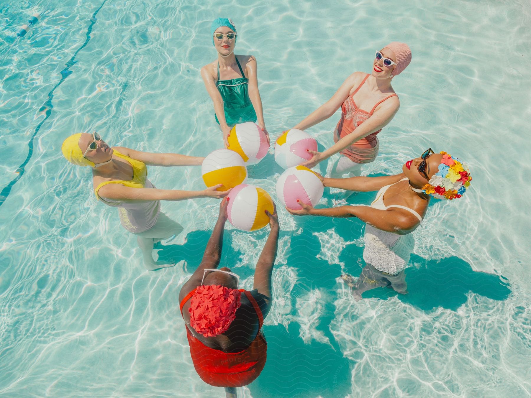 Five women are standing in a swimming pool holding beach balls