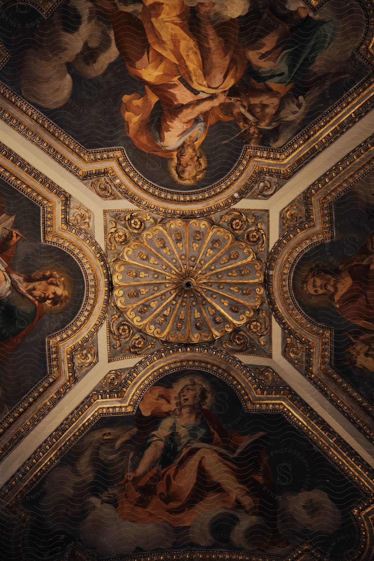 Detailed architecture and paintings on the ceiling of an old Roman church