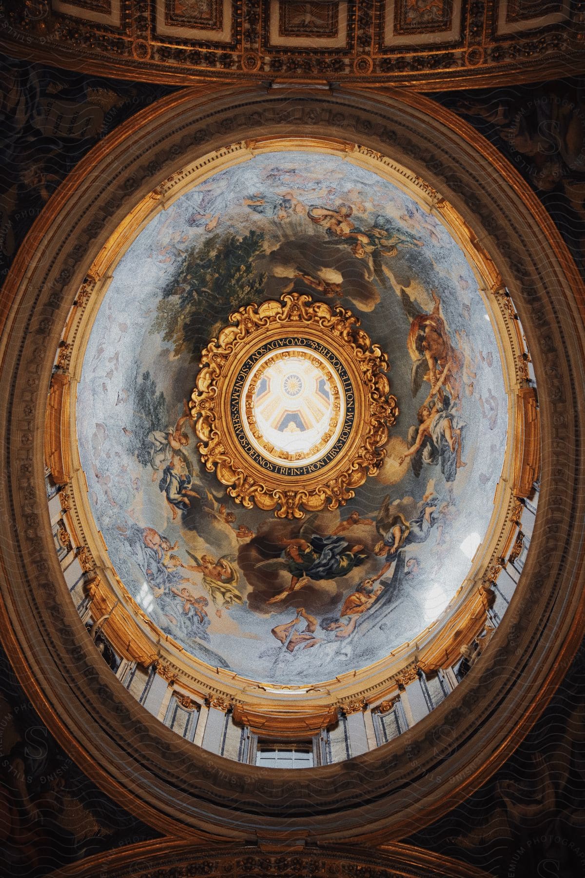 The painted dome of St. Peter's Basilica in Vatican City soars above a painted ceiling with a skylight.