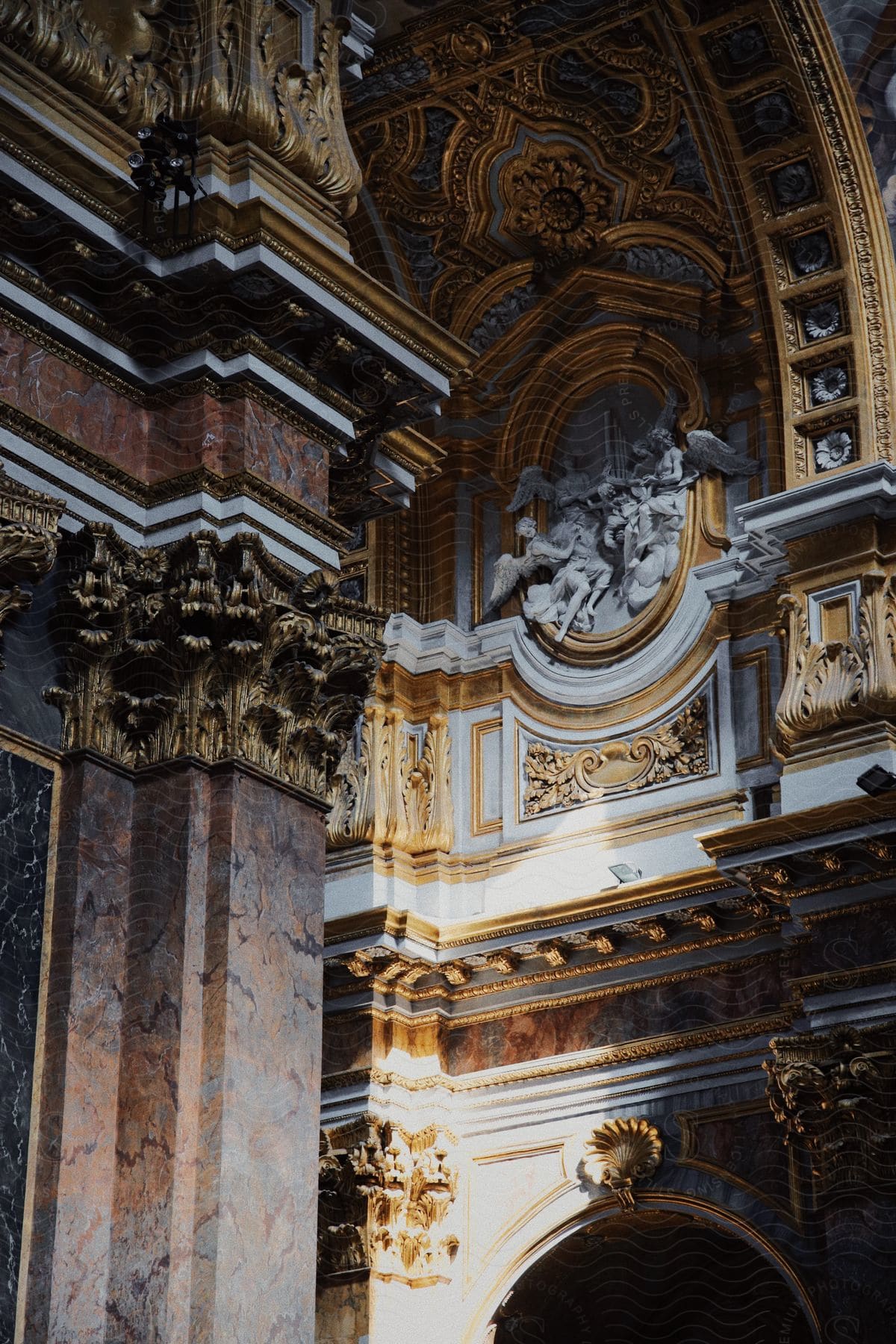 The inside of a very ornate church with curved roof lines.