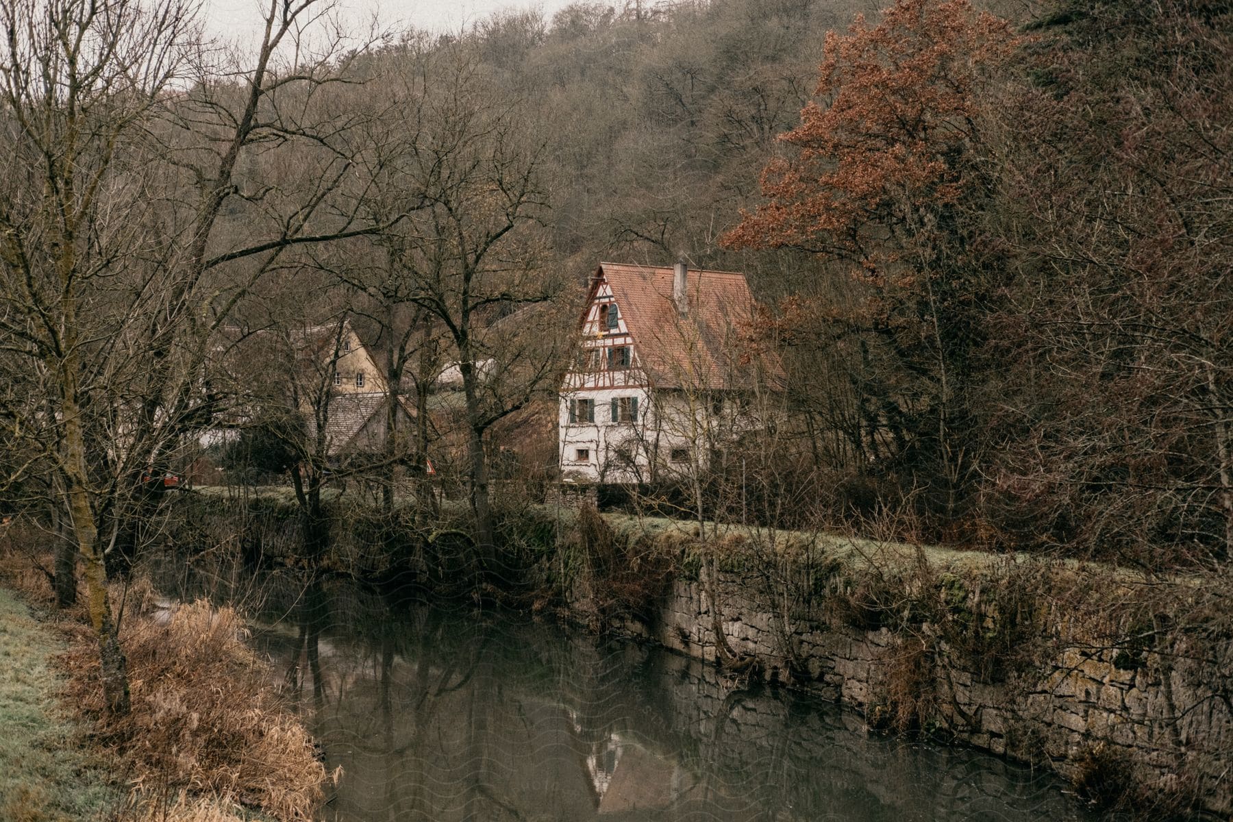 a charming house nestled beside a tranquil river, surrounded by a lush canopy of trees.