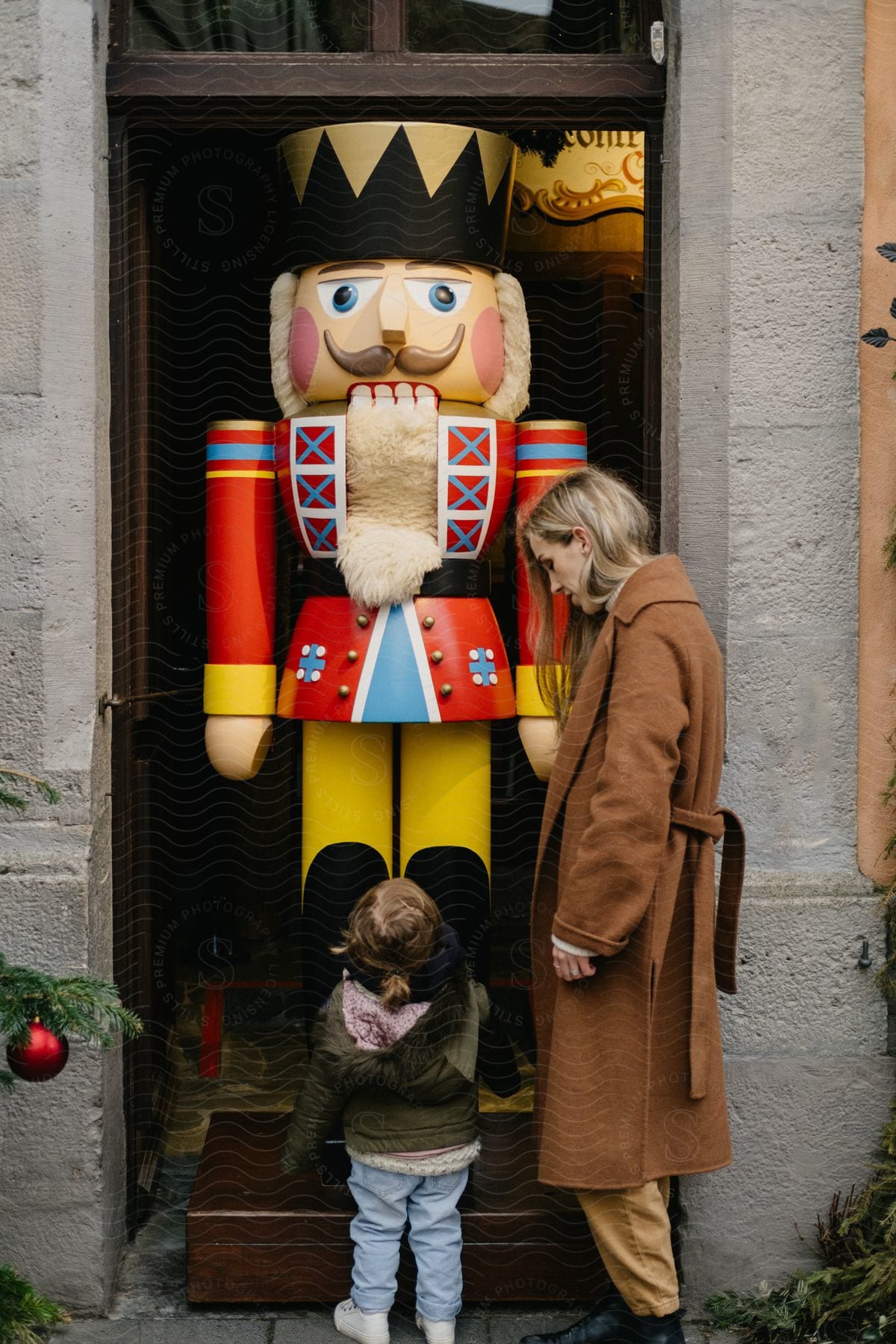 A blonde mother wearing a brown coat and daughter with green jacket and jeans gaze at a life-sized 'Nussknacker' on the street.