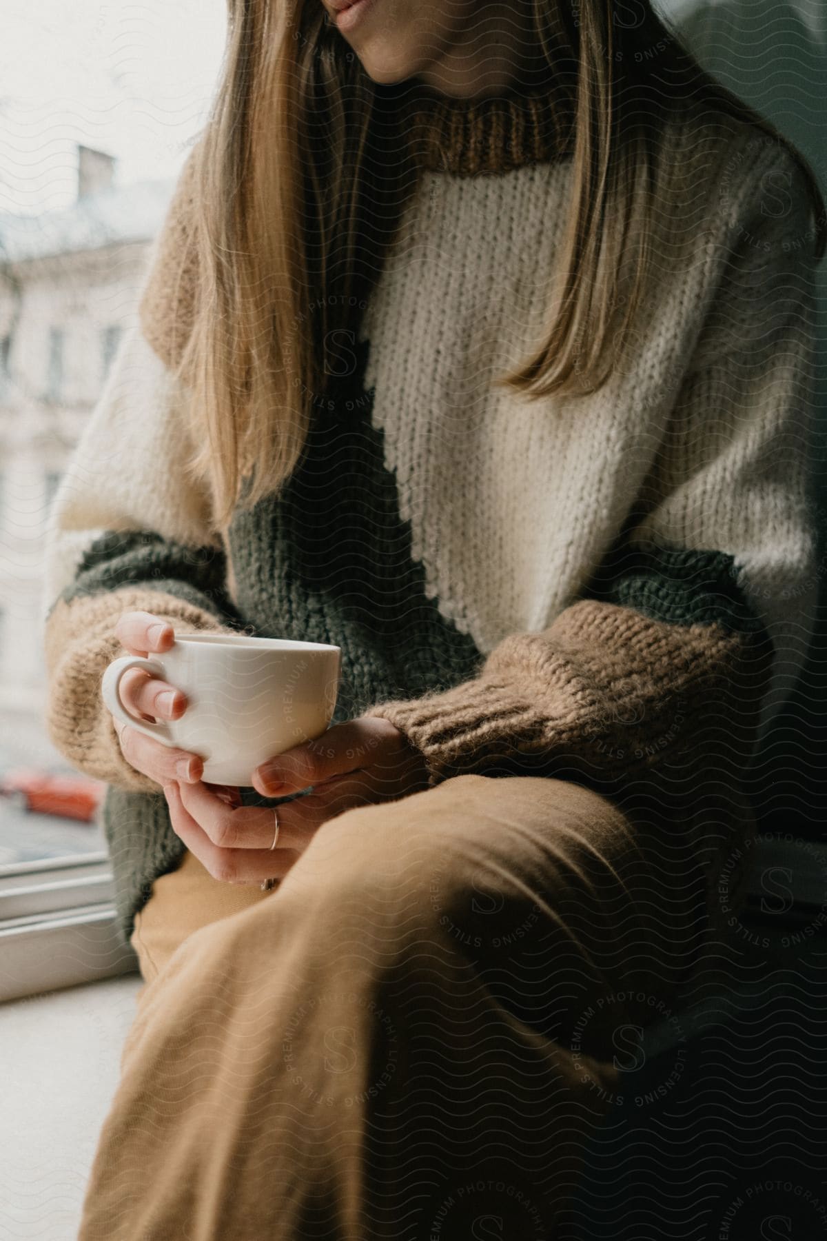 A woman with brown hair, wearing a white, brown, and green sweater with brown pants, sits on a windowsill holding a cup