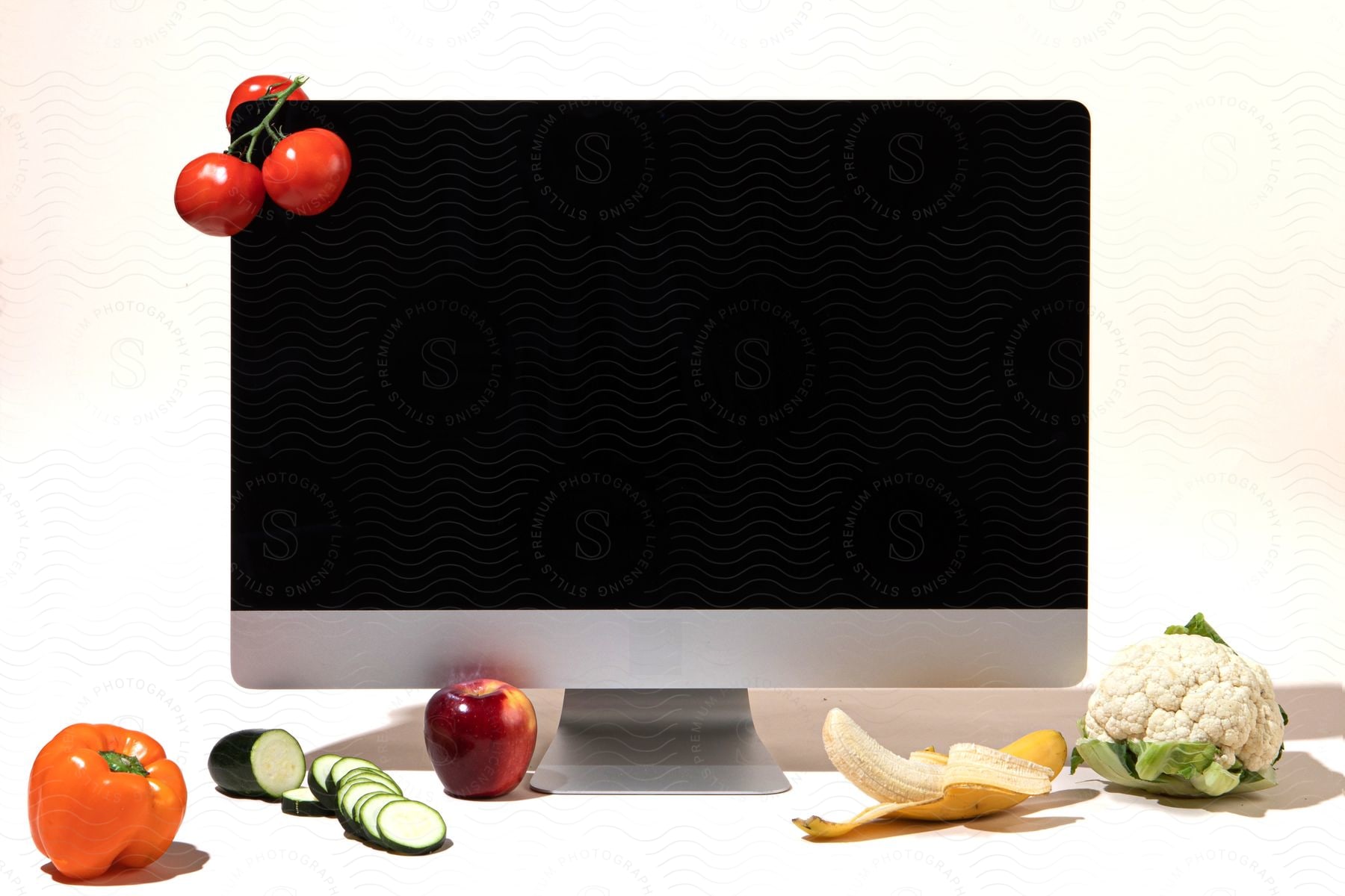 Fruits and vegetables sit on the floor in front of a computer monitor while a bunch of tomatoes hang over the monitor's top edge.