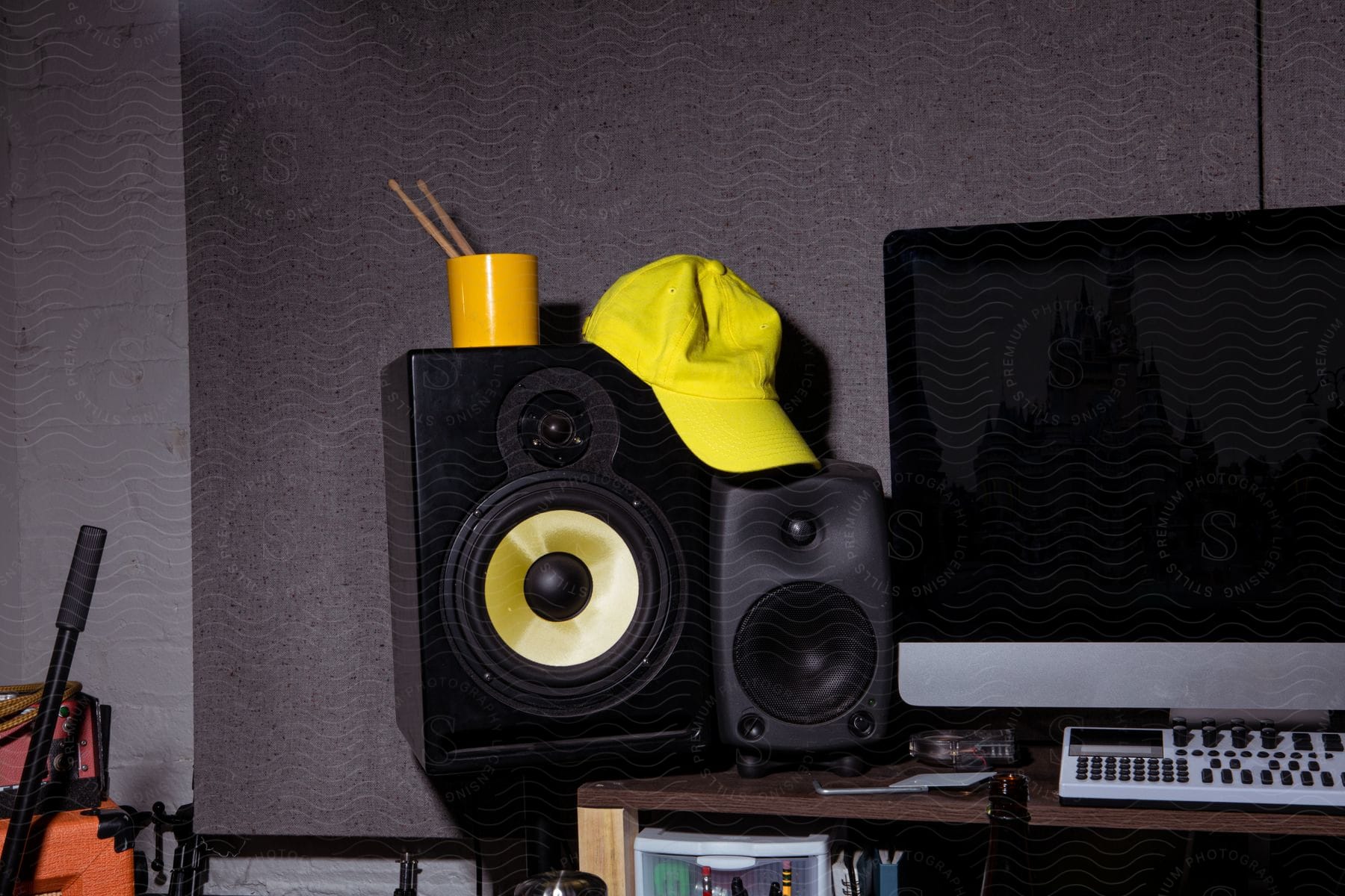 a yellow hat sitting on top of a pair of speakers next to a computer