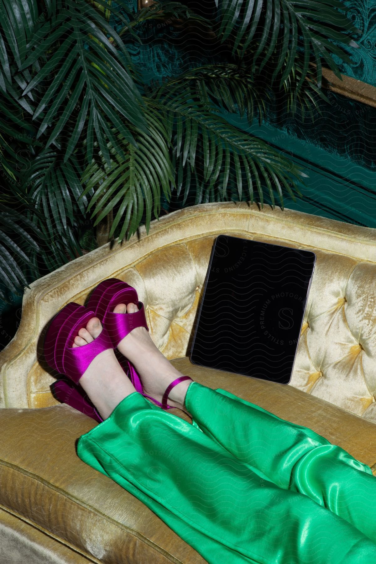 A woman in green pants and purple high heels relaxes on a worn-out golden couch in a green-walled room with golden borders.