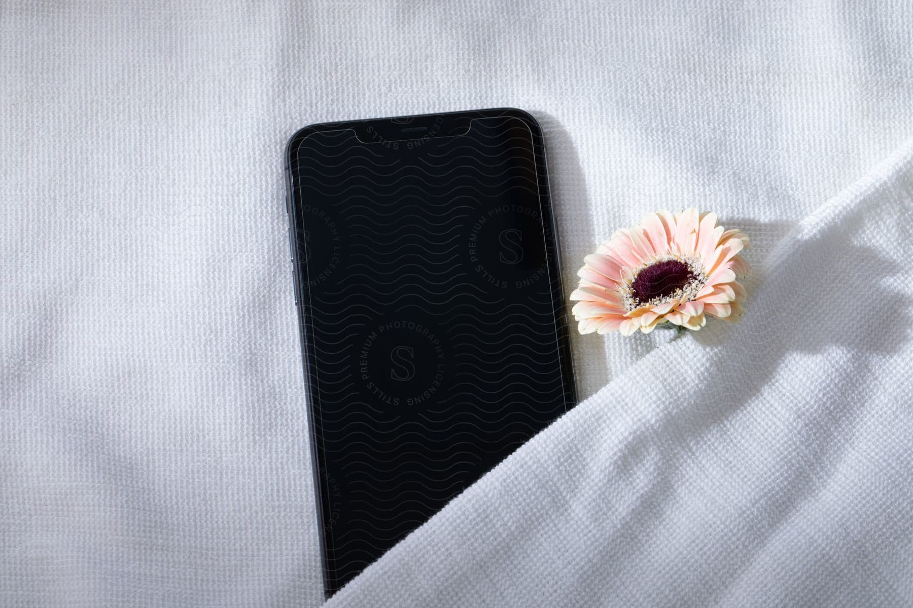 iPhone on a cloth next to a small flower.