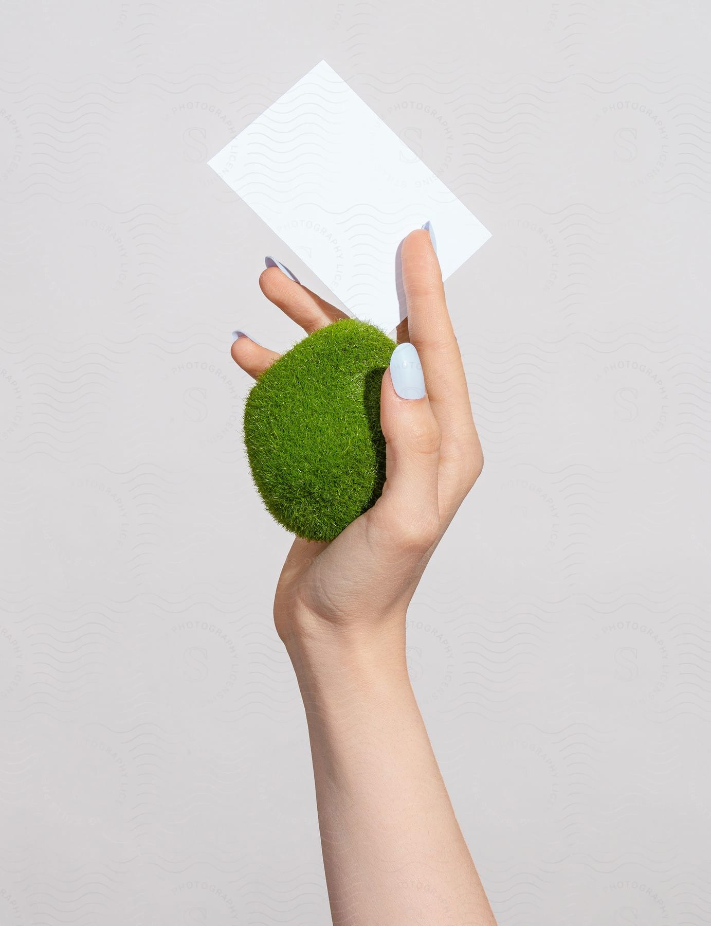 A woman's hand holds a blank card and a mossy object while her nails are painted.