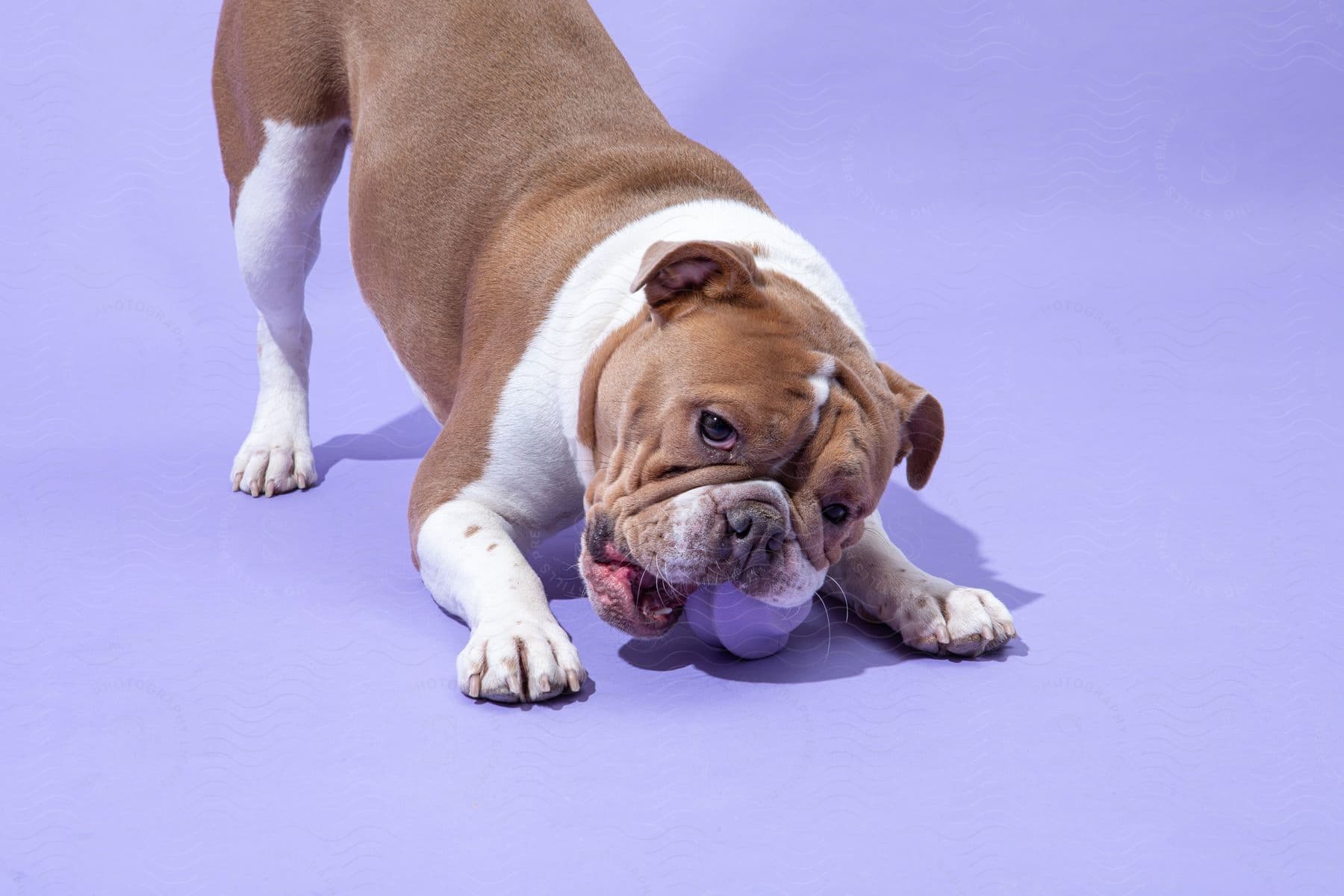 American Bulldog playing with ball on purple ground