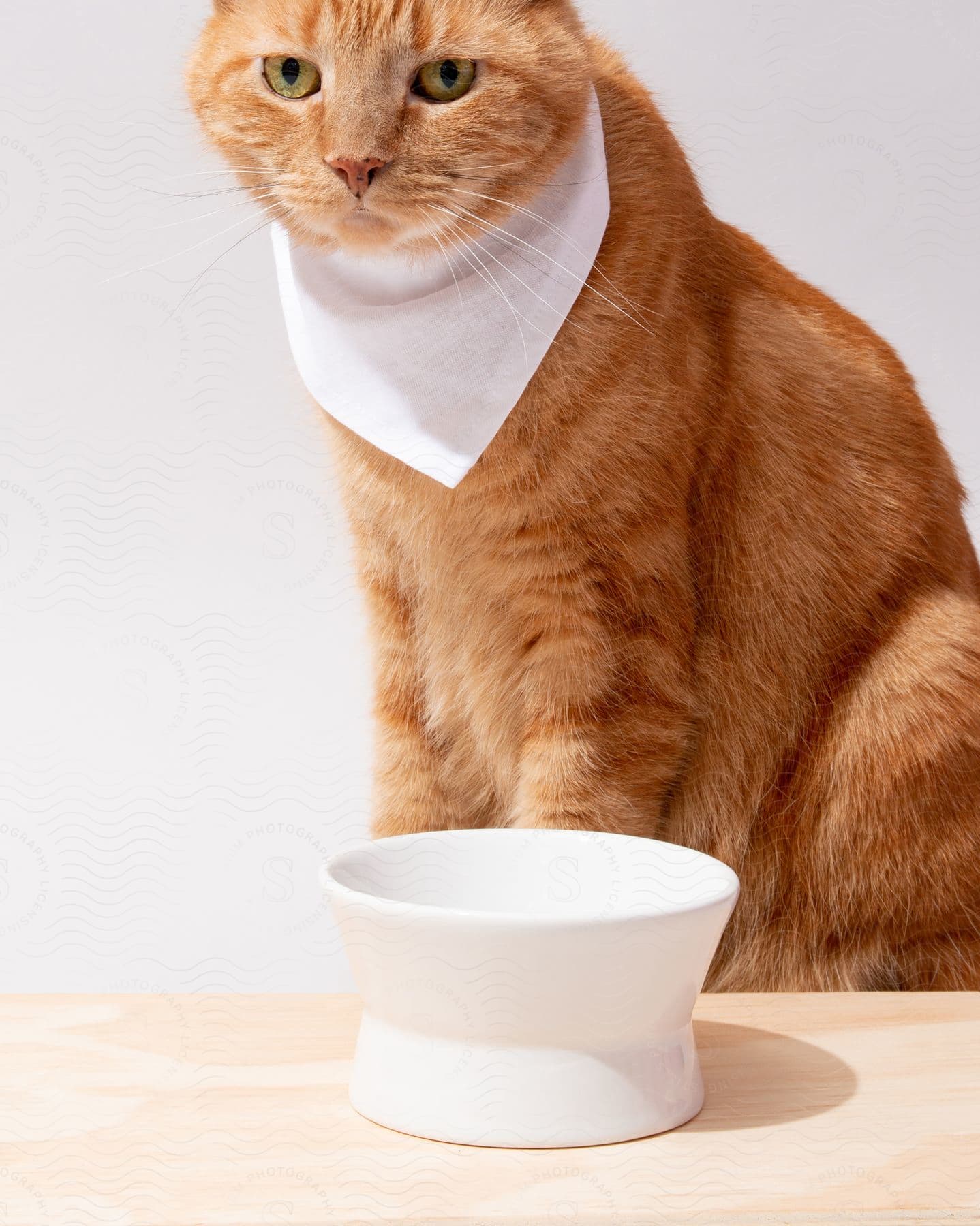 An orange cat with a napkin around it's neck is standing over a white bowl