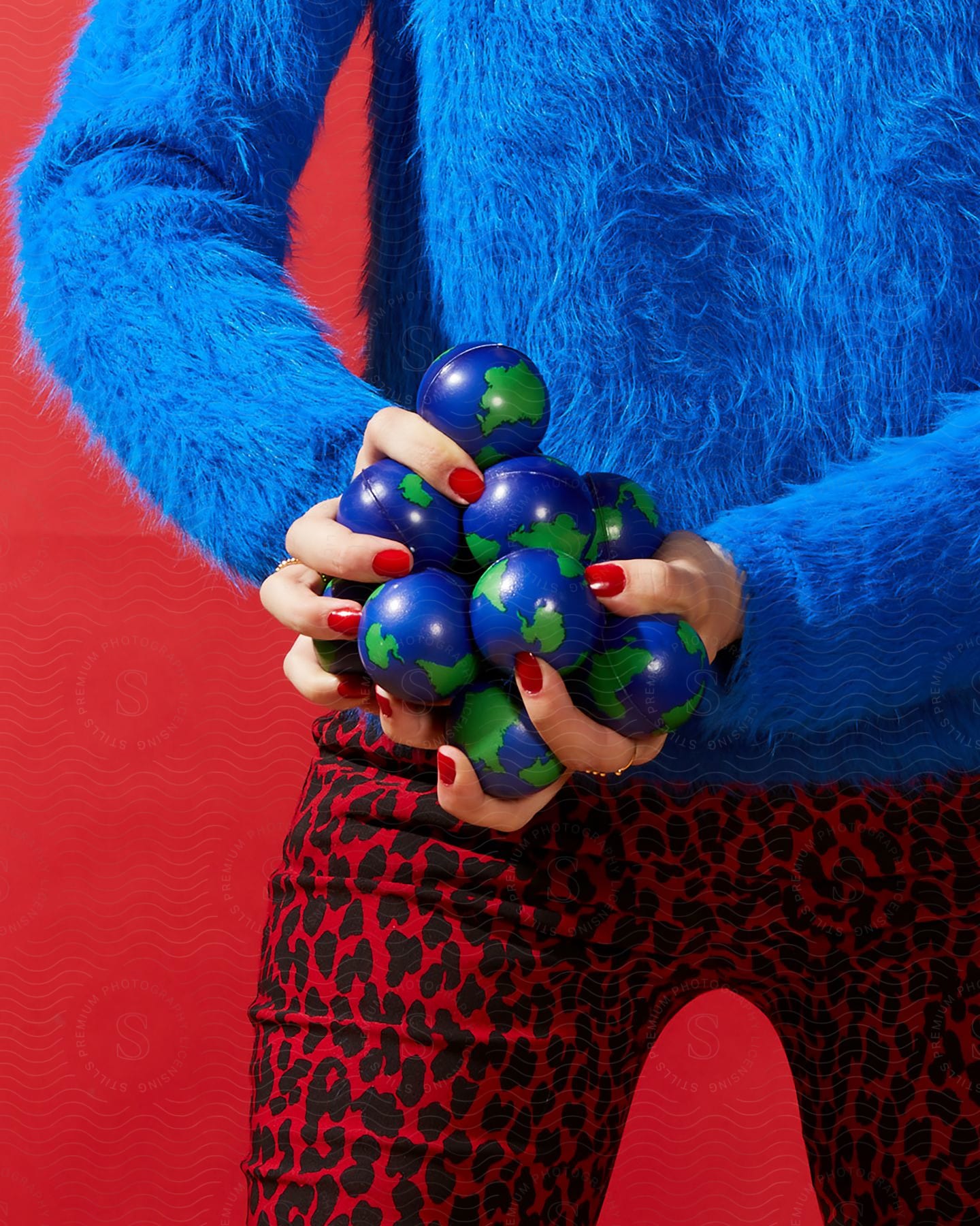 A person holding some toy spheres in their hands while wearing a blue sweater.