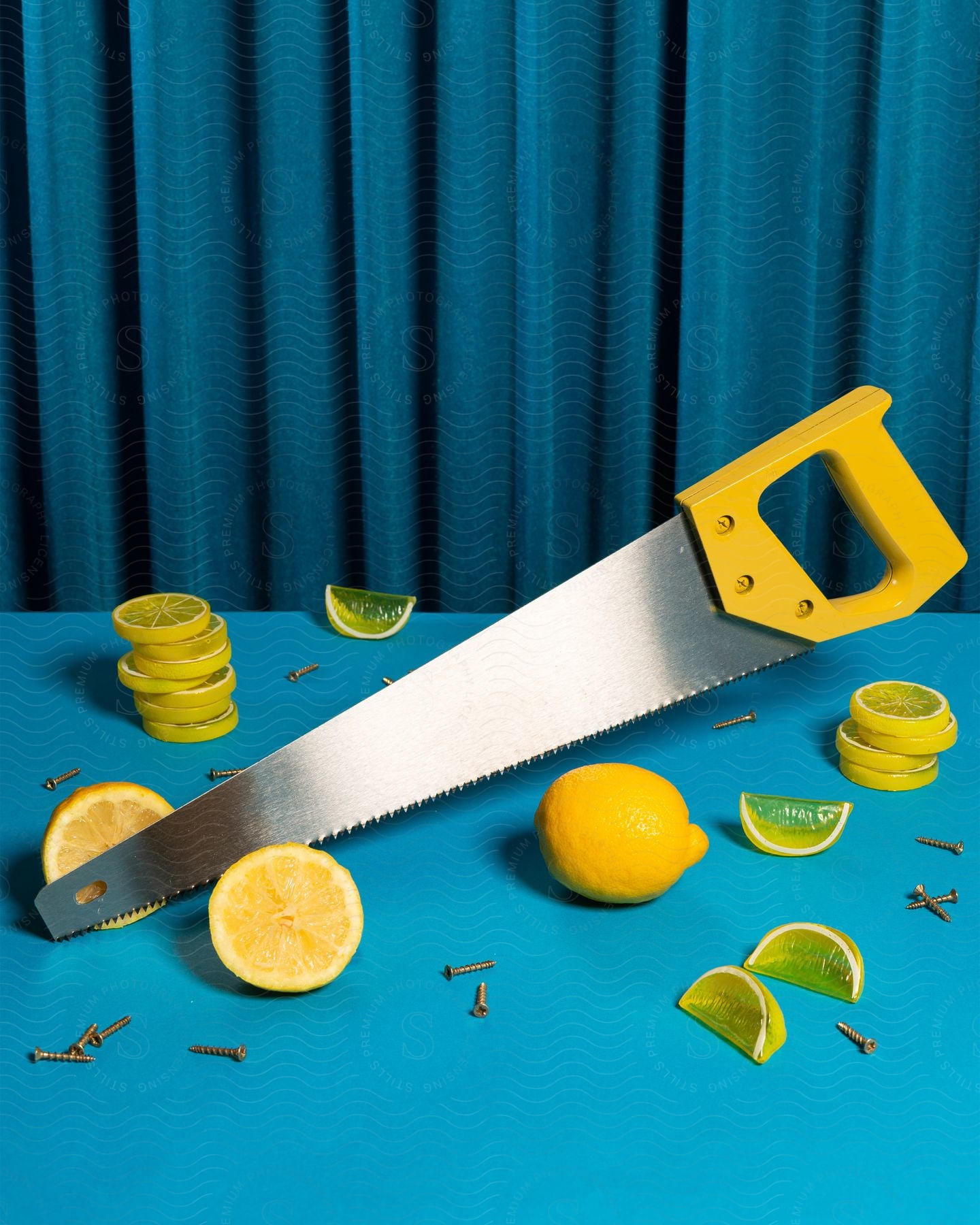 A yellow-handled saw rests on a blue table, surrounded by cut lemons, fake lemon slices with jelly, screws, and a whole lemon.