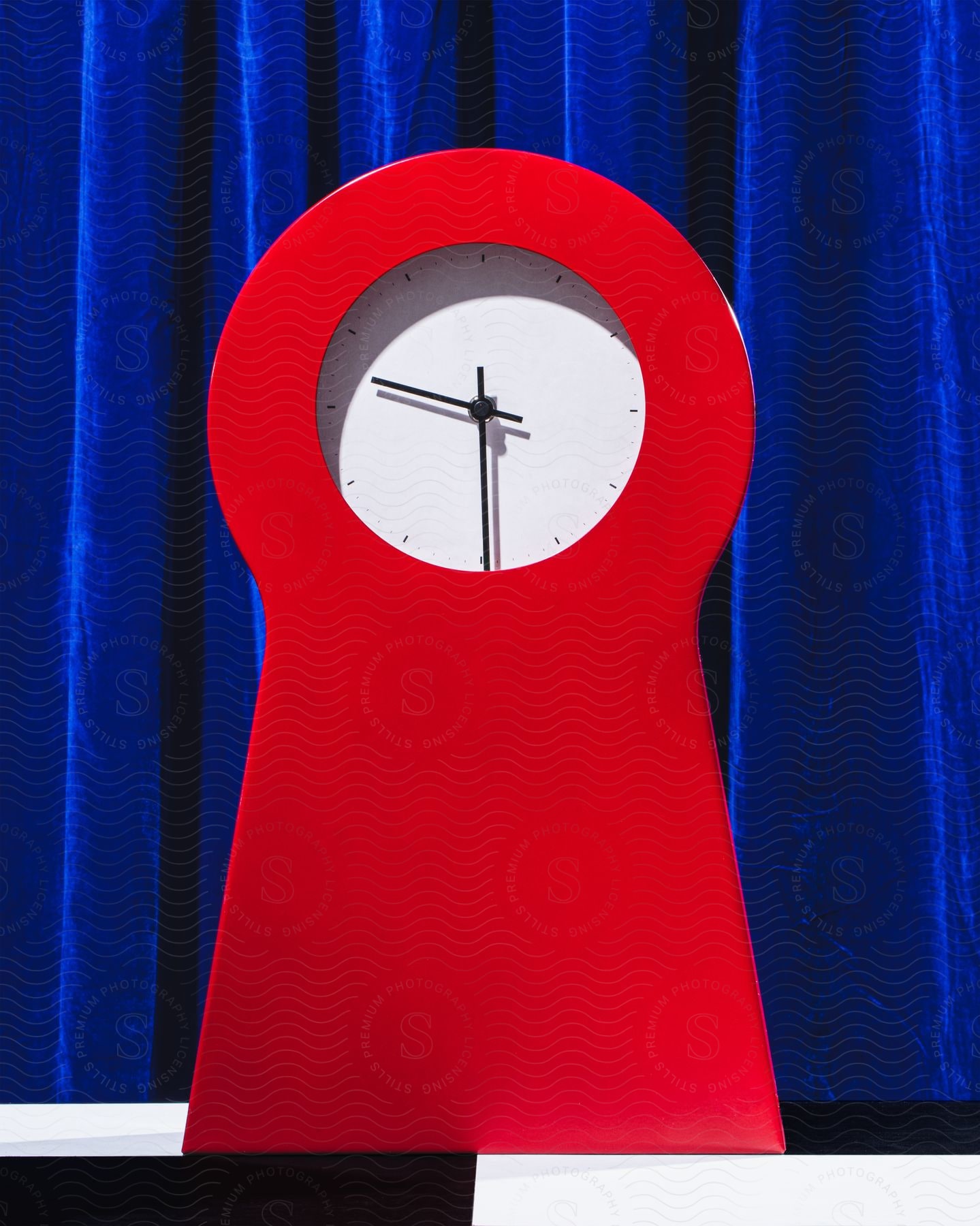 A red clock on a checkered table in front of a blue curtain.