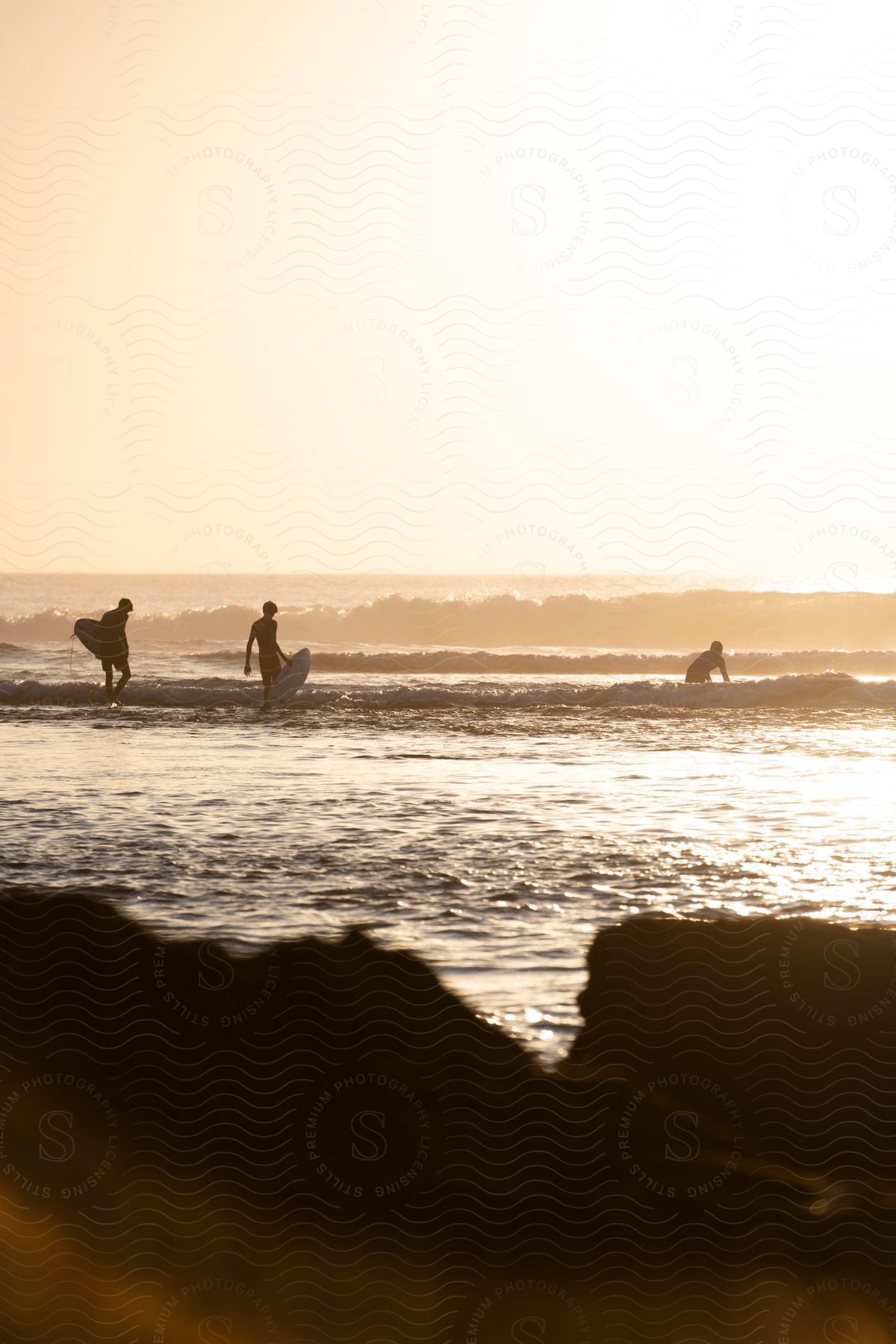 Three People Are Walking Into The Water To Go Surfing