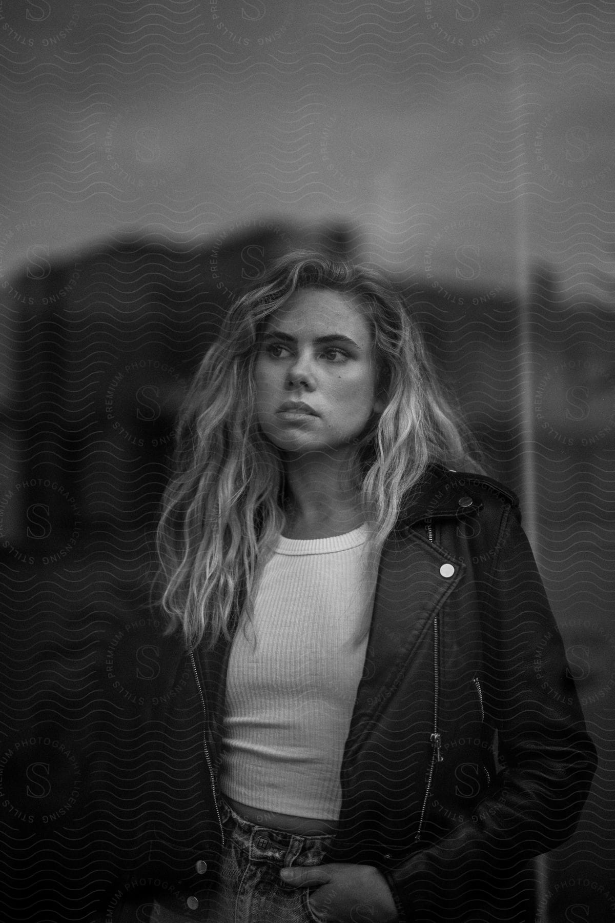 A woman with brown wavy hair wearing a white top and a black leather jacket gazes in another direction