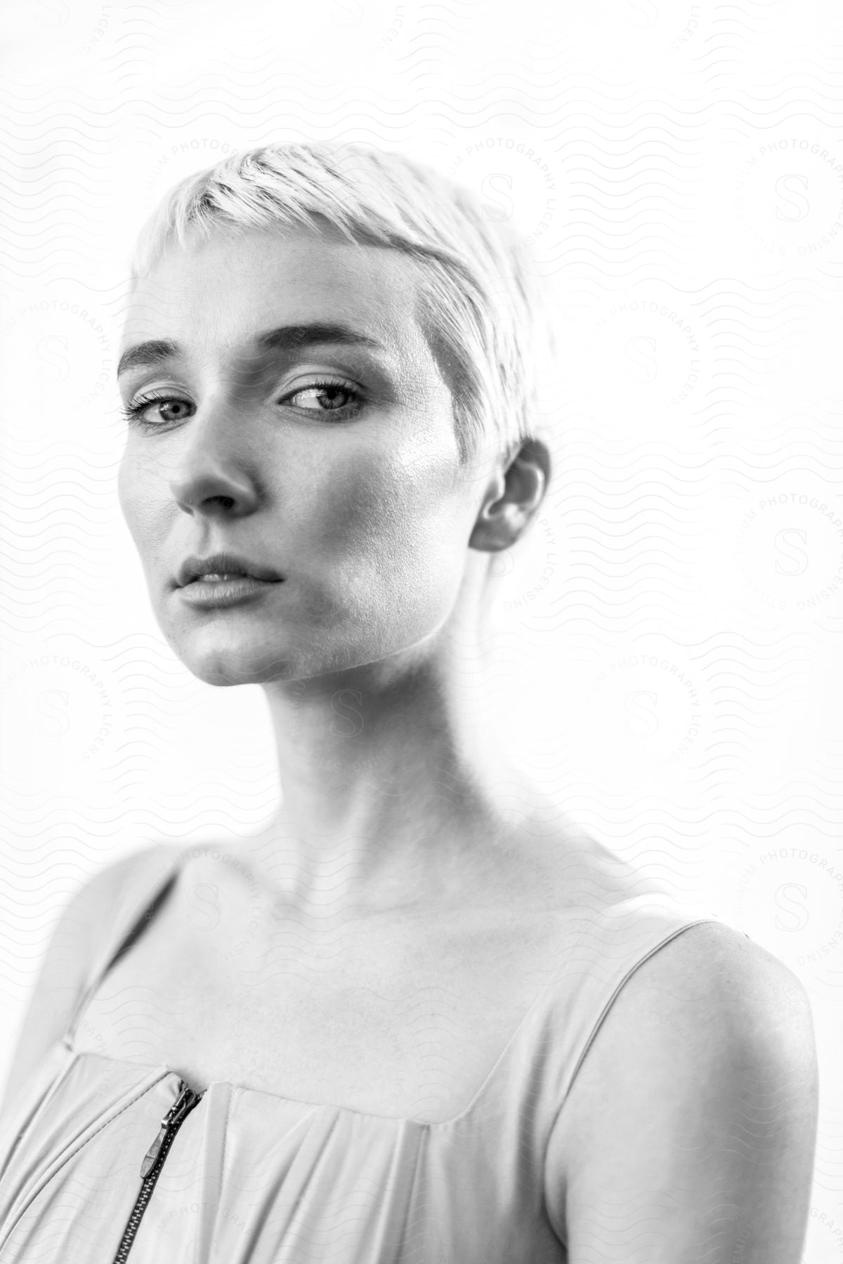 A portrait of a woman in a room with a lot of white light behind her.