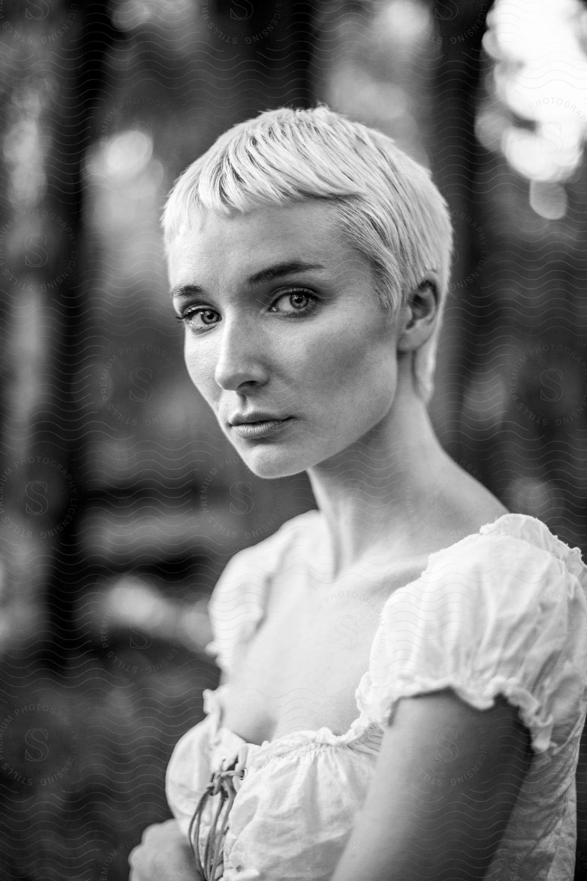 A Woman With Short Hair Wearing A White Ruffle Short Sleeve Top