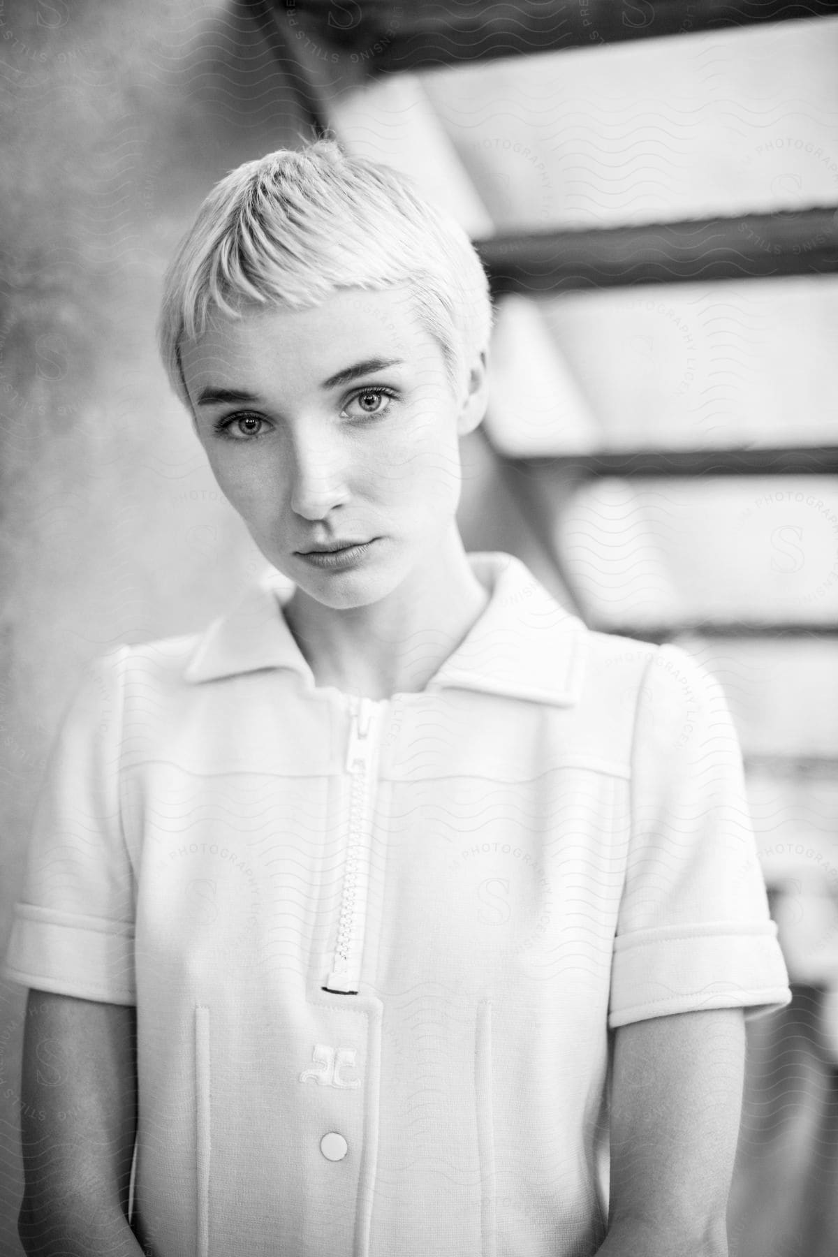 A portrait of a woman standing under stairs outdoors