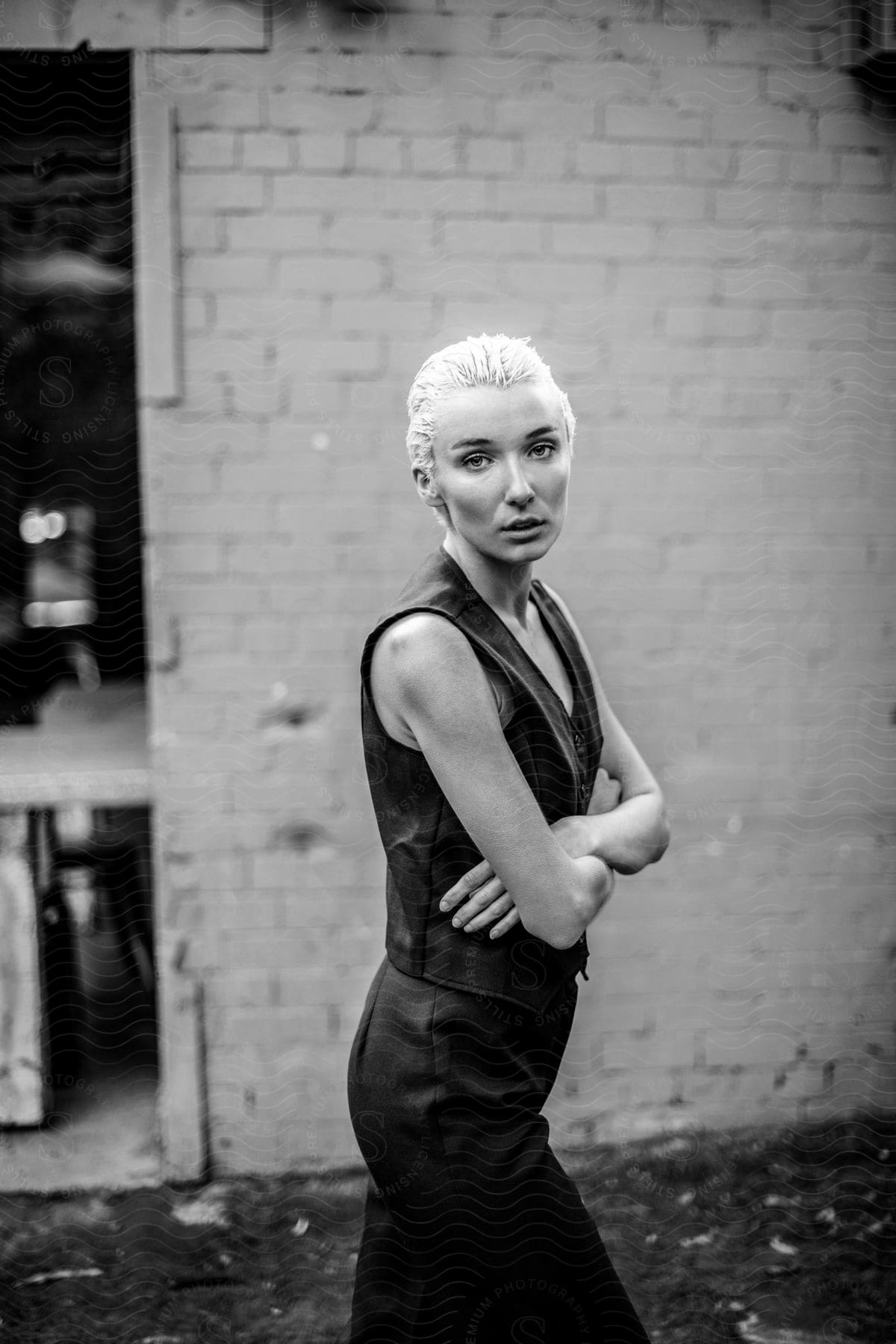 Woman posing with her arms crossed in black and white.